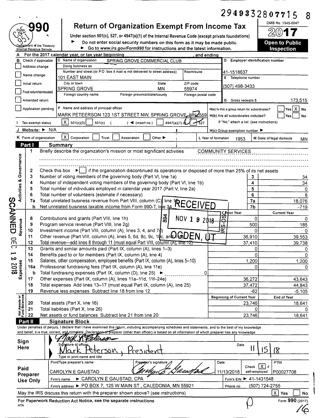 Image of first page of 2017 Form 990 for Spring Grove Commercial Club