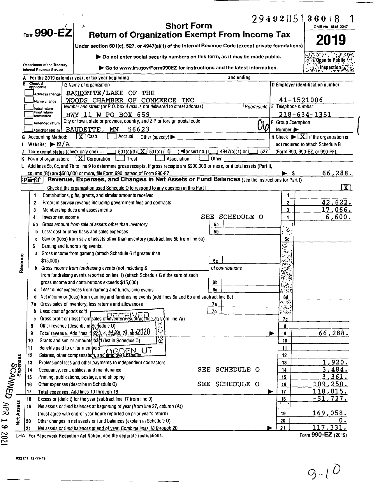 Image of first page of 2019 Form 990EO for Baudettelake of the Woods Chamber of Commerce