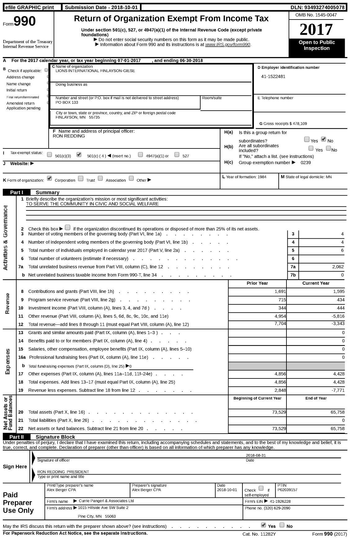 Image of first page of 2017 Form 990 for Lions Clubs - Lawful Gambling Finlayson-Giese Lio