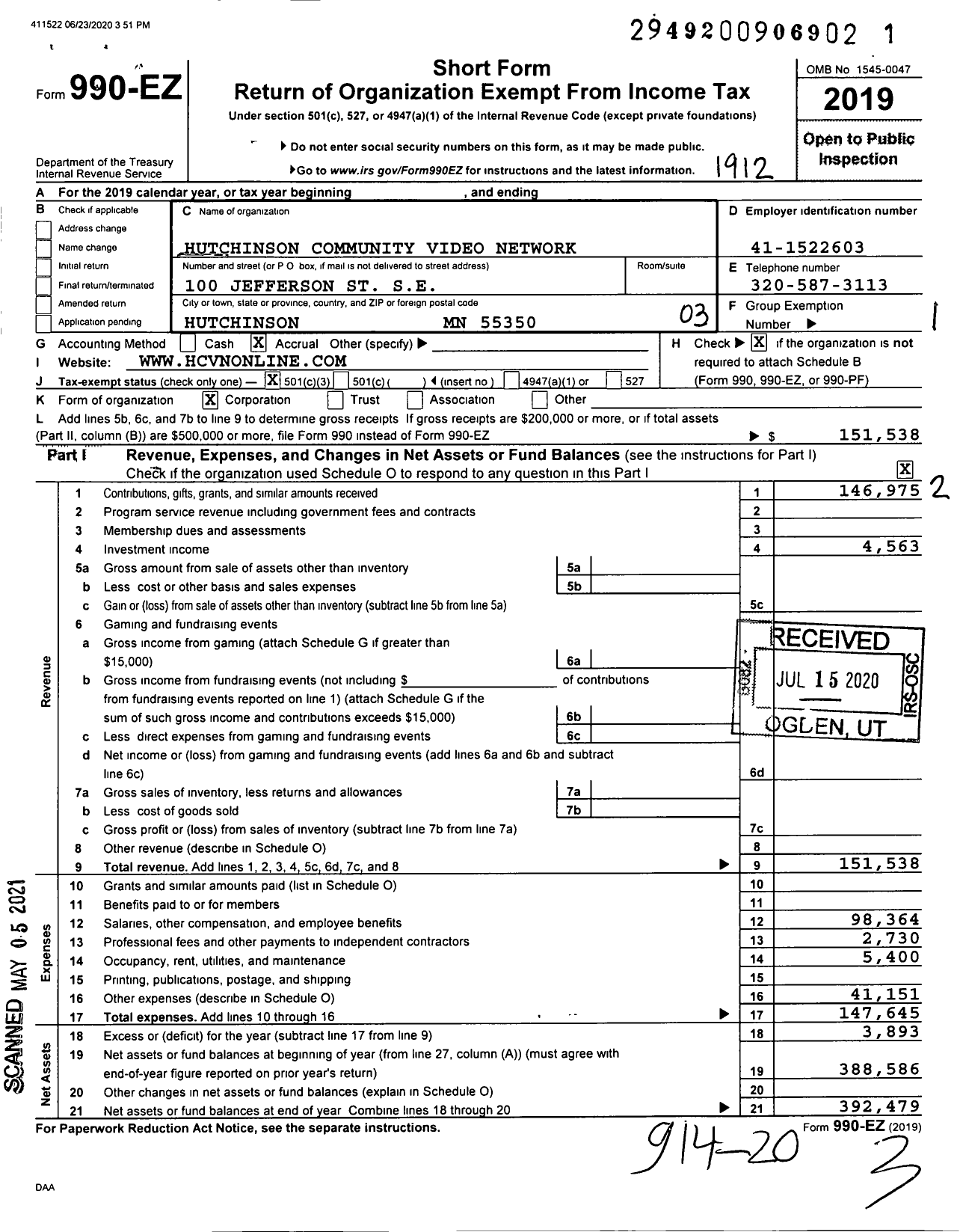 Image of first page of 2019 Form 990EZ for Hutchinson Community Video Network