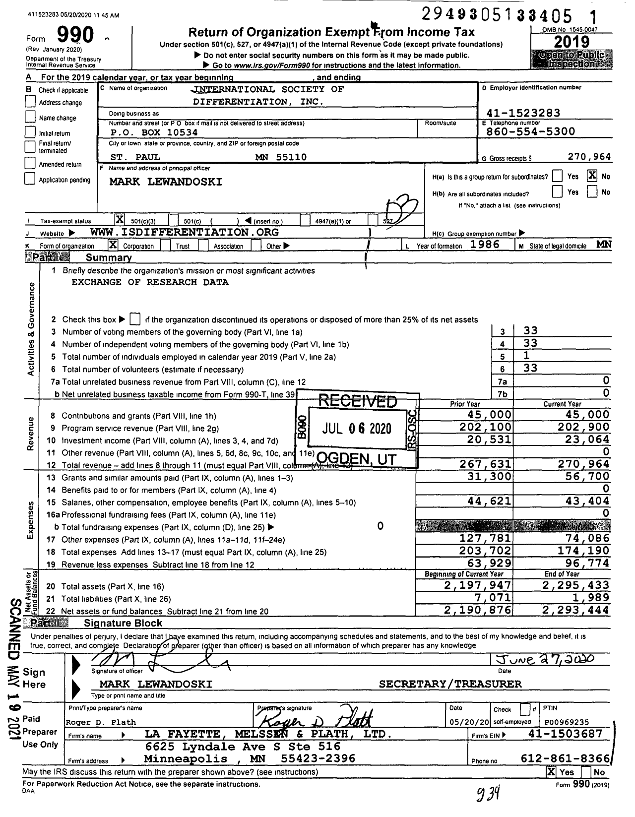 Image of first page of 2019 Form 990 for International Society of Differentiation