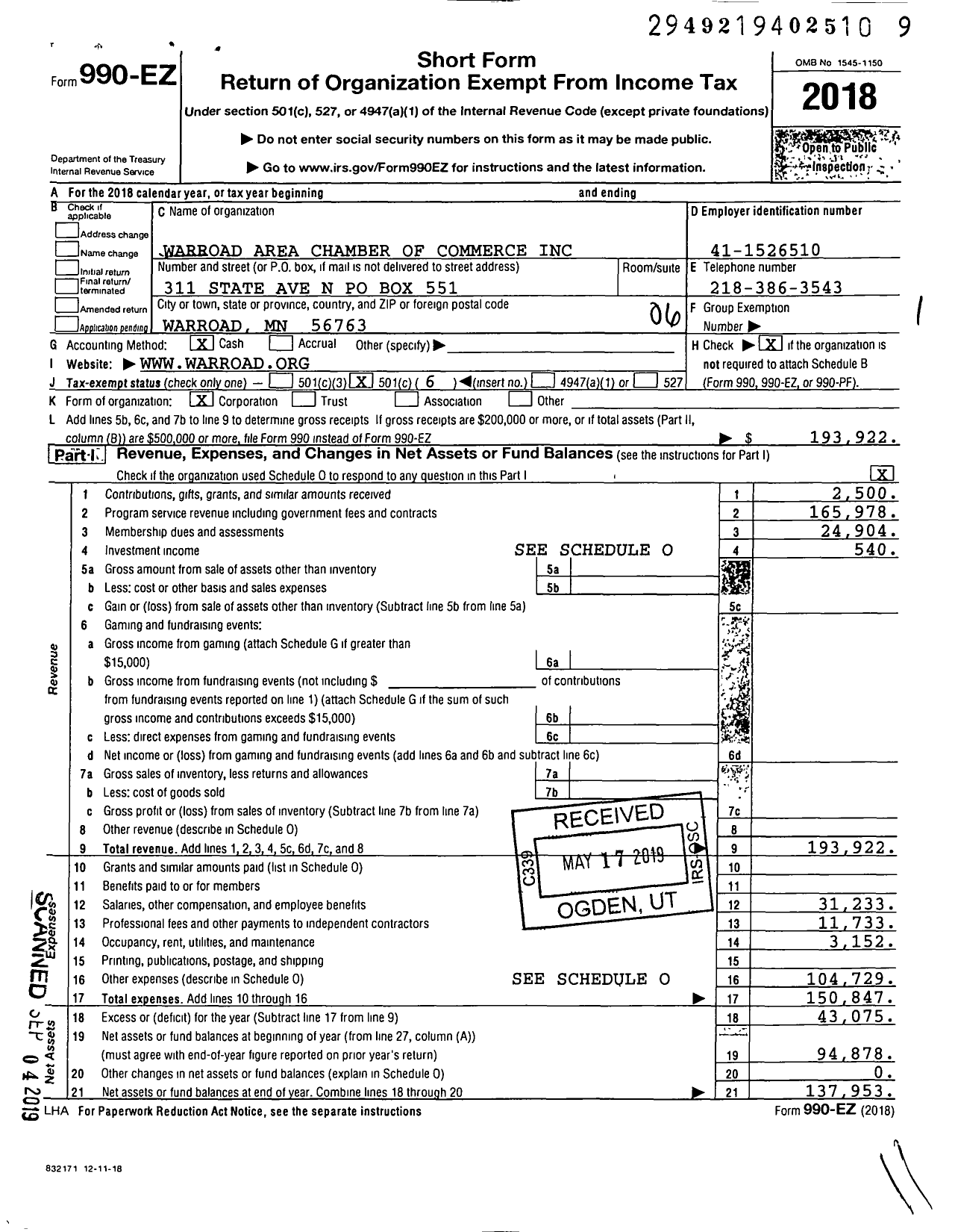 Image of first page of 2018 Form 990EO for Warroad Area Chamber of Commerce