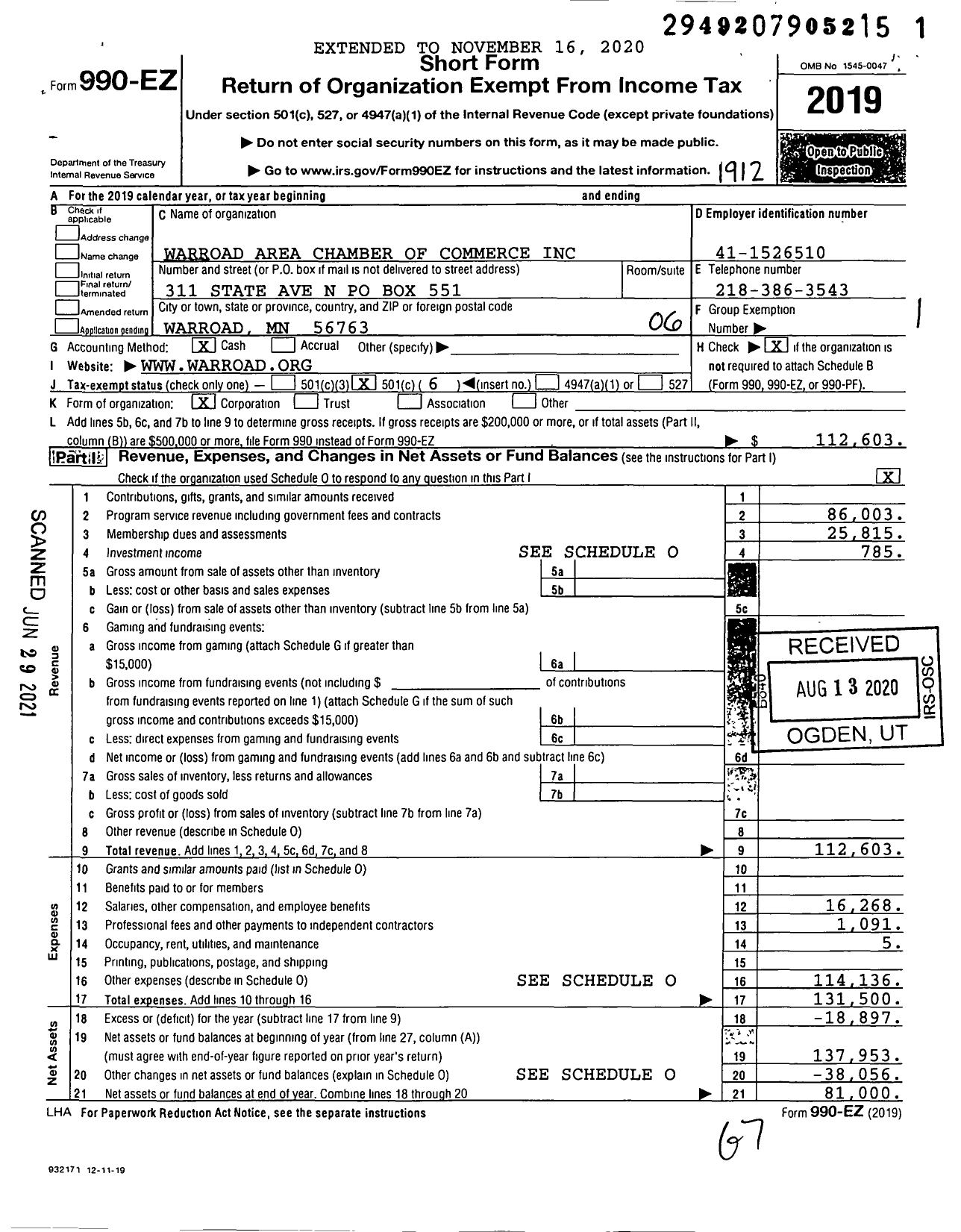 Image of first page of 2019 Form 990EO for Warroad Area Chamber of Commerce