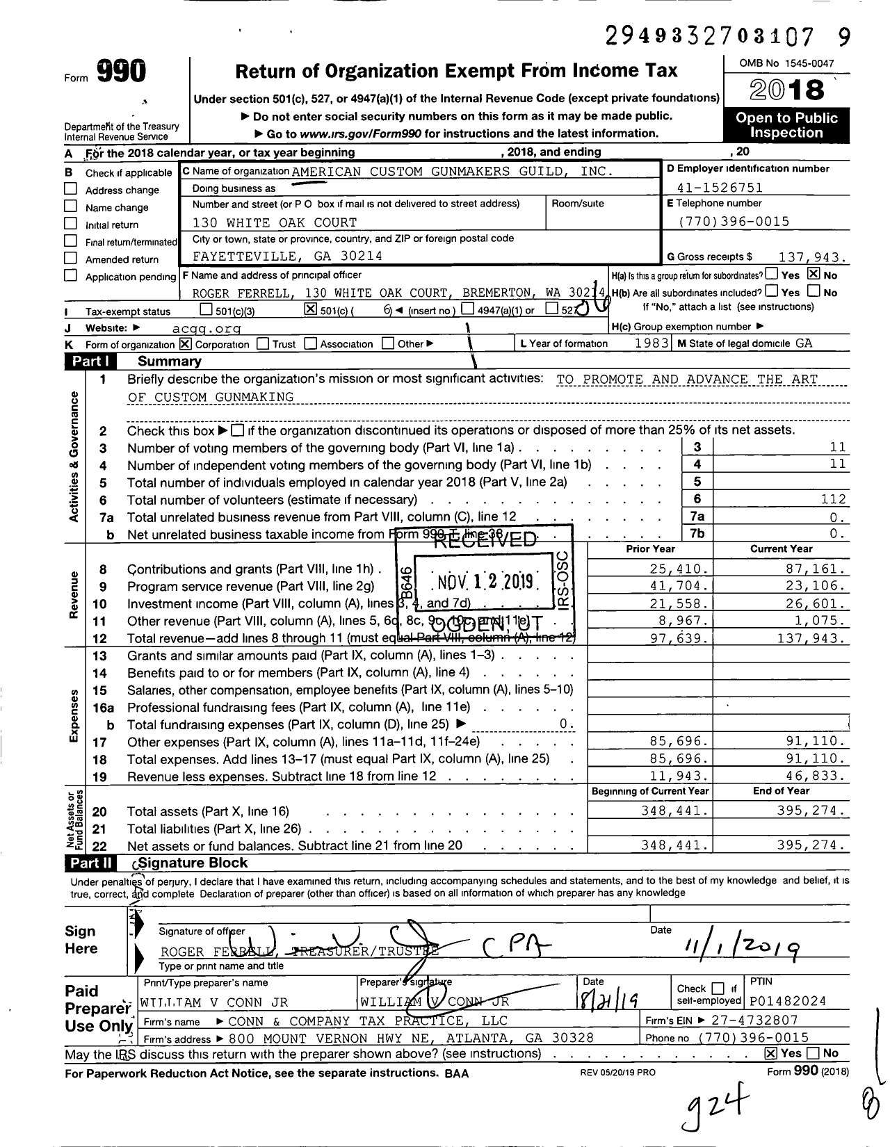 Image of first page of 2018 Form 990O for American Custom Gunmakers Guild