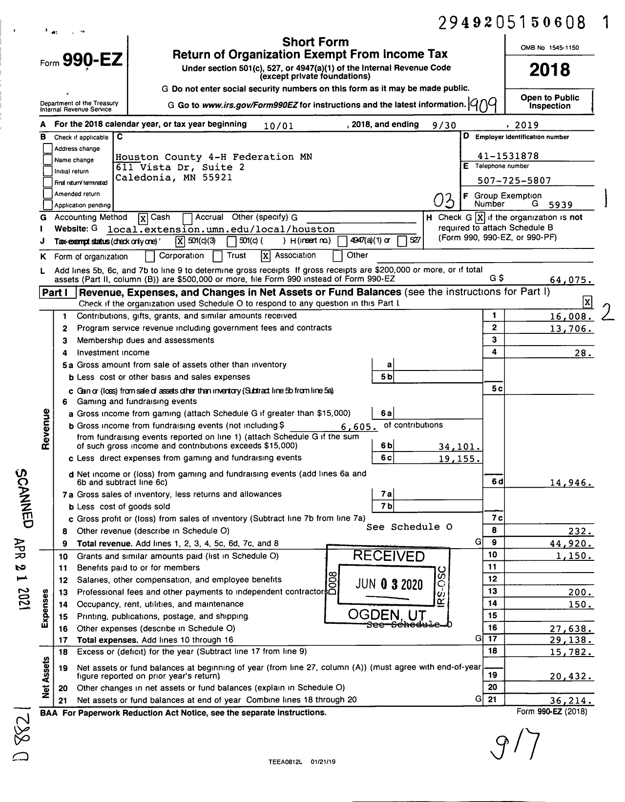 Image of first page of 2018 Form 990EZ for Houston County 4-H Federation MN