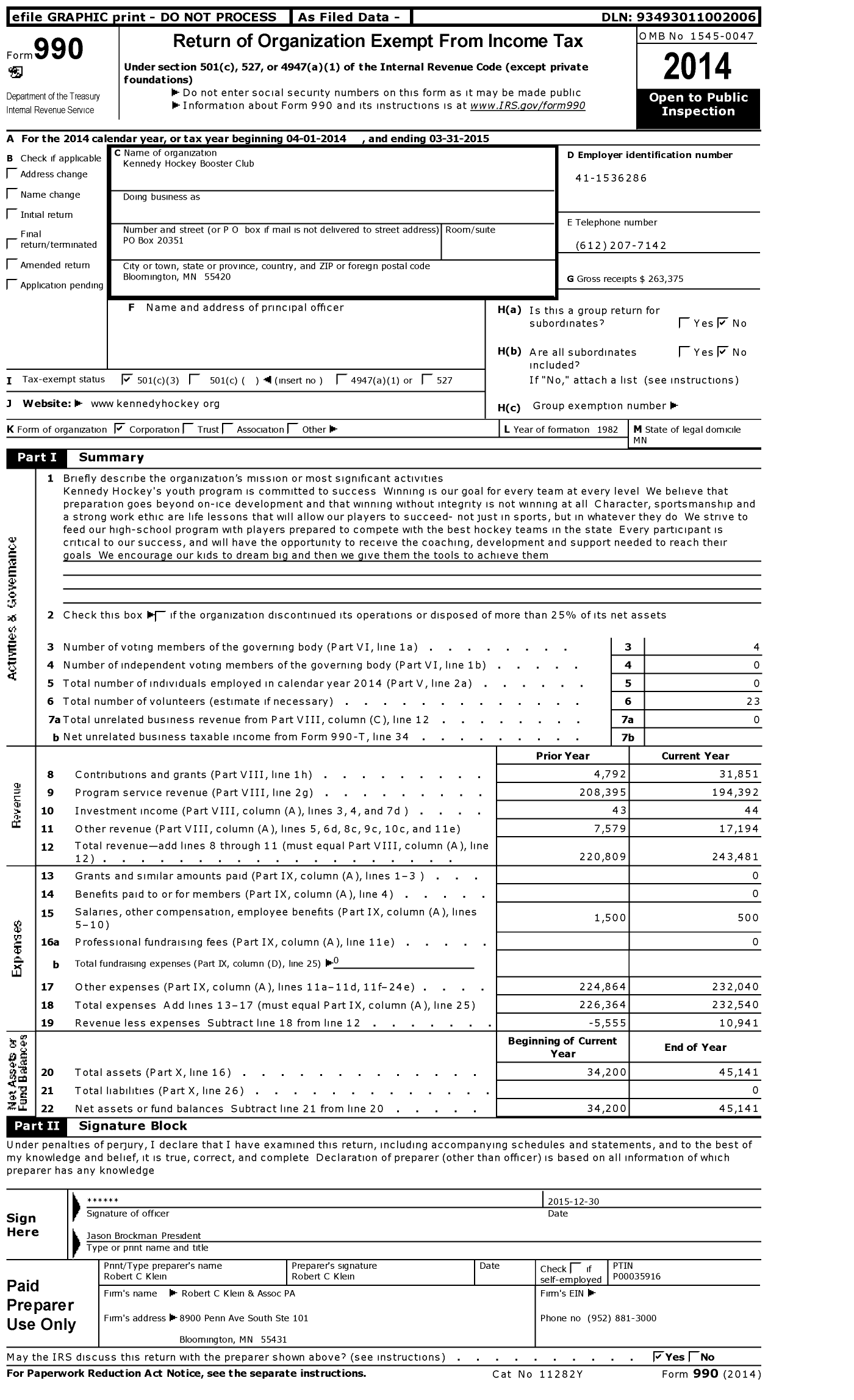 Image of first page of 2014 Form 990 for Kennedy Hockey Booster Club