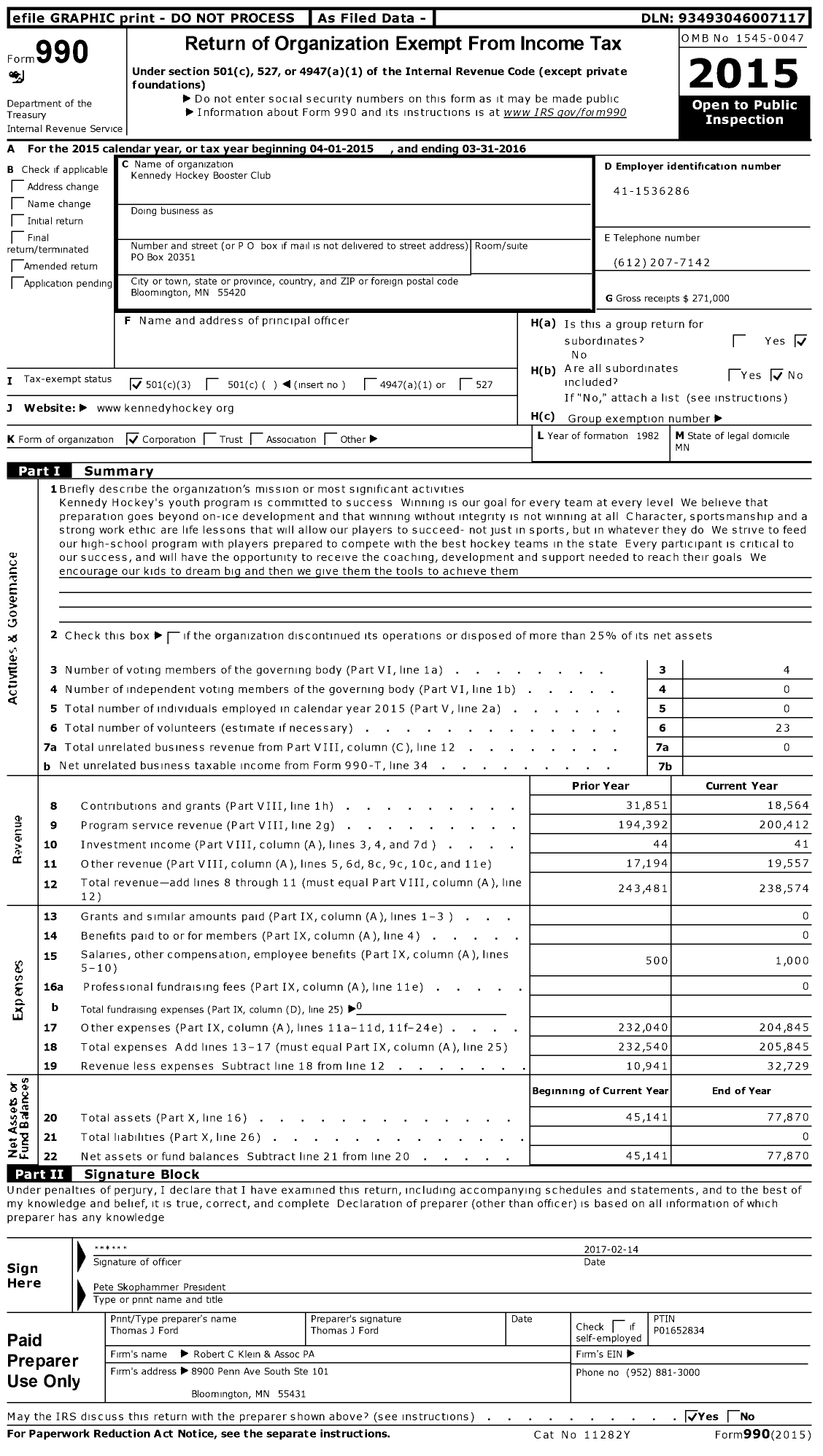 Image of first page of 2015 Form 990 for Kennedy Hockey Booster Club