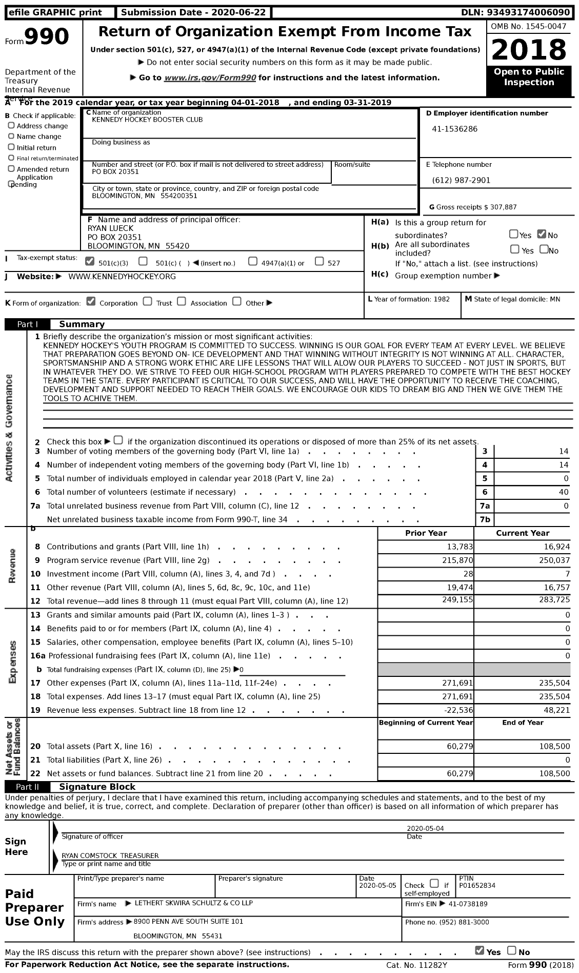 Image of first page of 2018 Form 990 for Kennedy Hockey Booster Club