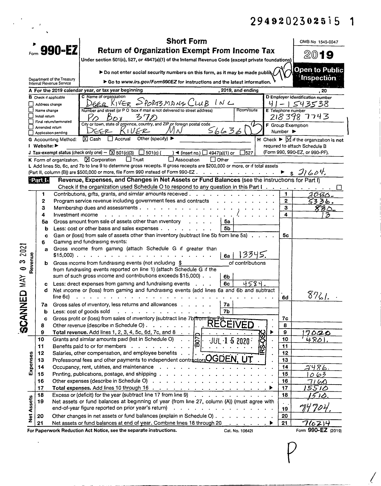 Image of first page of 2019 Form 990EZ for Deer River Sportsmans Club