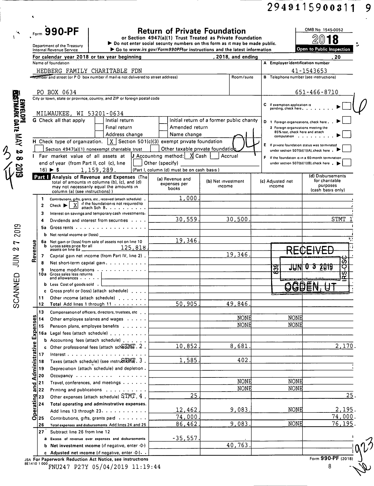 Image of first page of 2018 Form 990PF for Hedberg Family Charitable Foundation