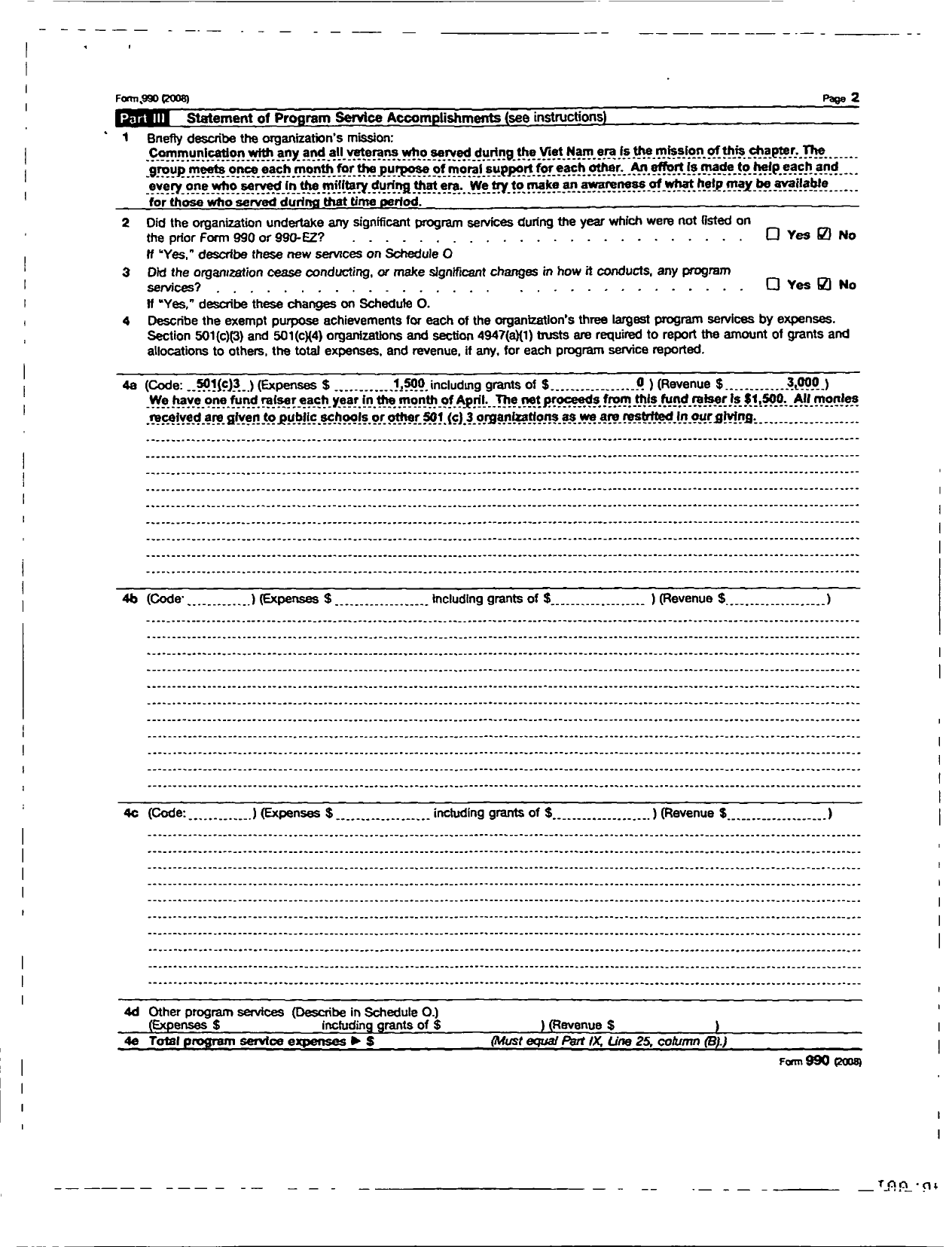 Image of first page of 2008 Form 990OR for Vietnam Veterans of America - 235 Chapter