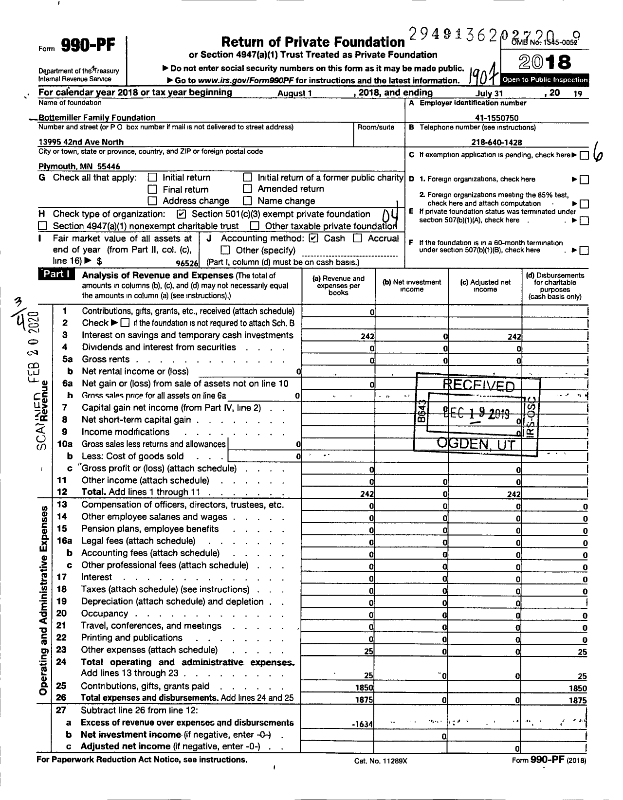 Image of first page of 2018 Form 990PF for Bottemiller Family Foundation