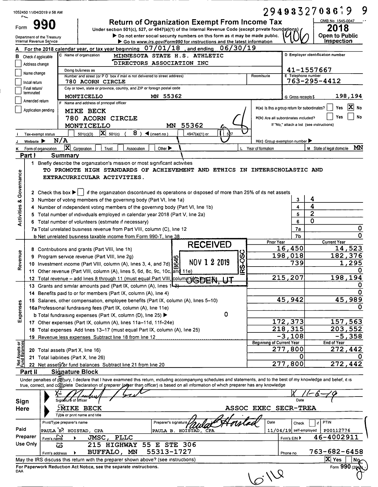 Image of first page of 2018 Form 990O for Minnesota State HS Athletic Directors Association