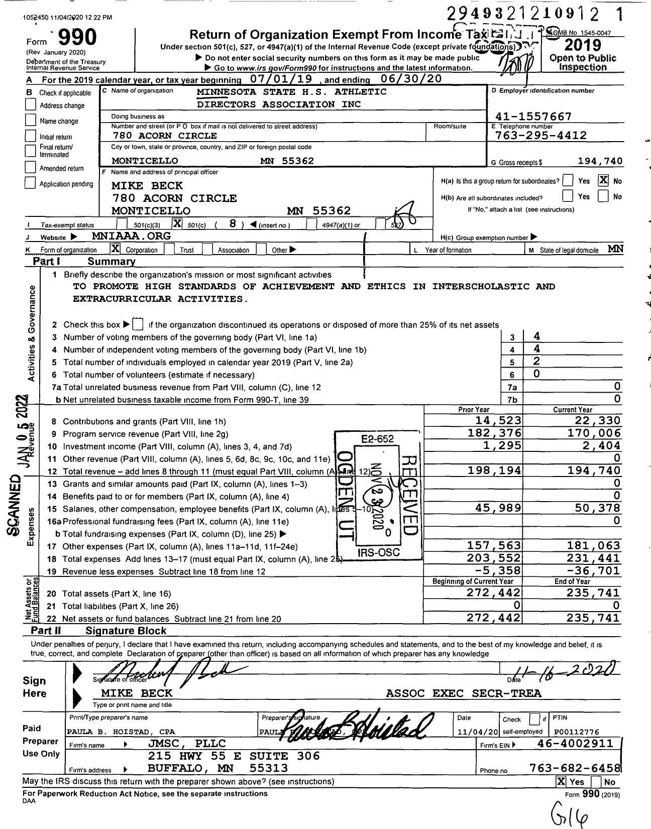 Image of first page of 2019 Form 990O for Minnesota State HS Athletic Directors Association