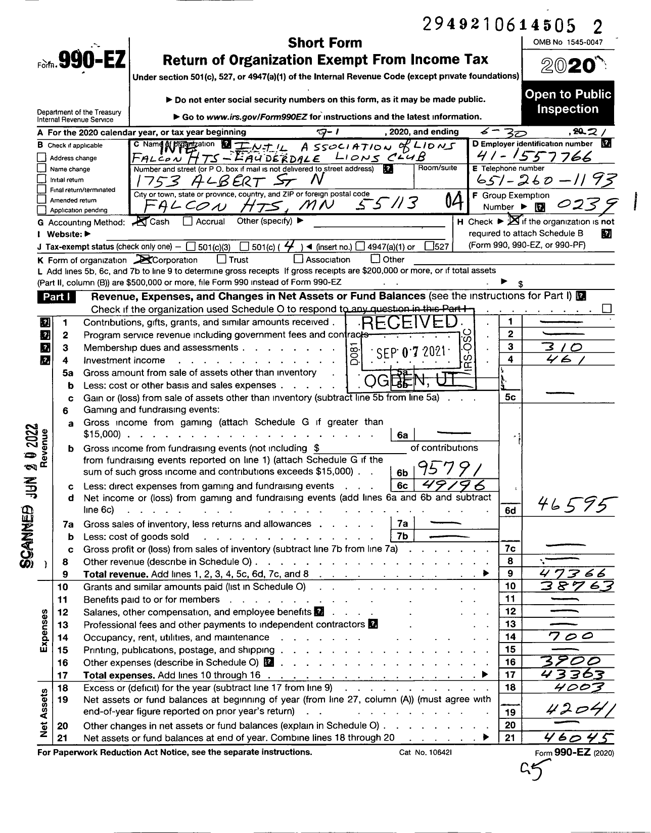 Image of first page of 2020 Form 990EO for Lions CLUBS - 46184 Falcon Heights Lauderdale