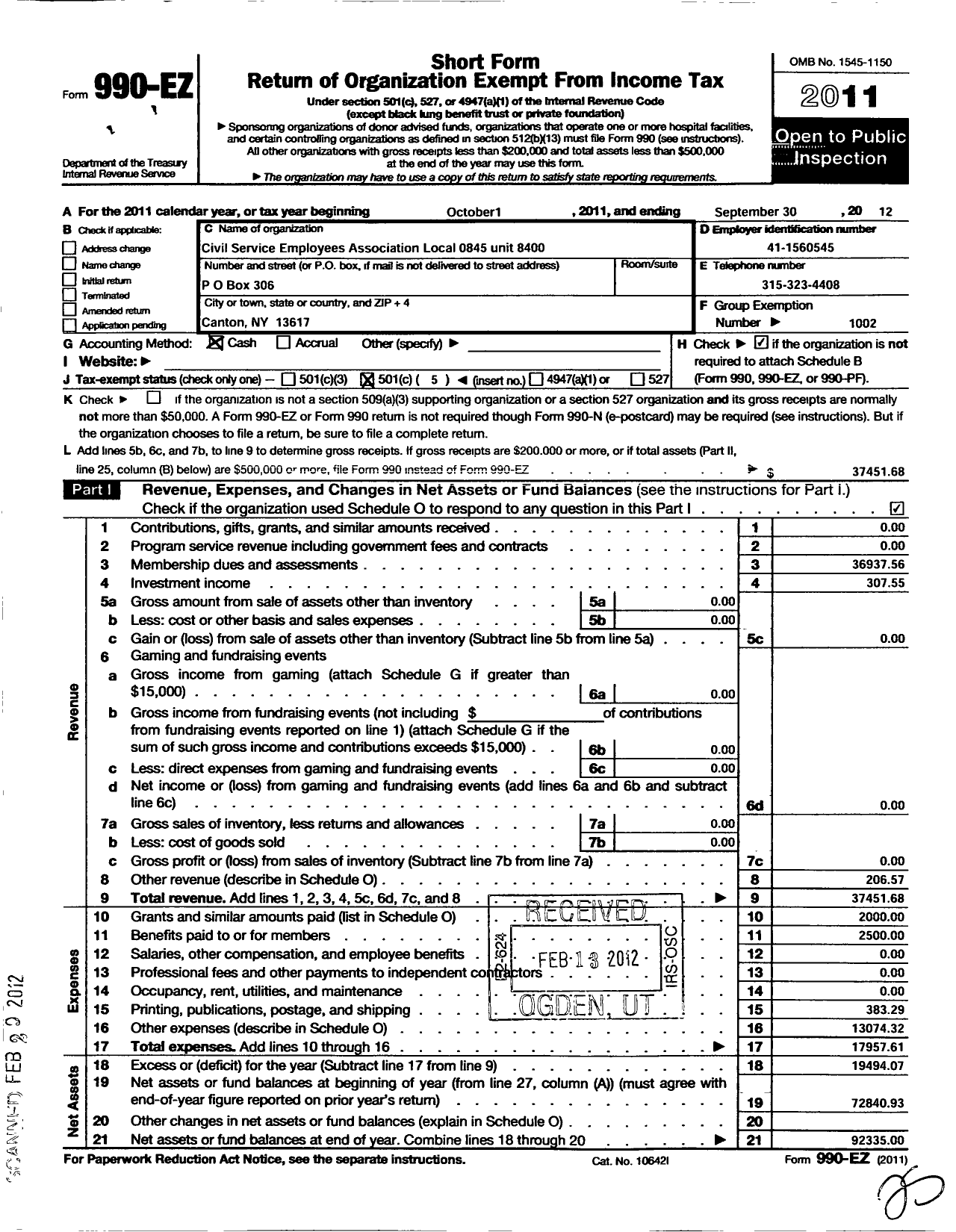 Image of first page of 2011 Form 990EO for Civil Service Employees Association - 0845-840000 St Lawrence Co Unit