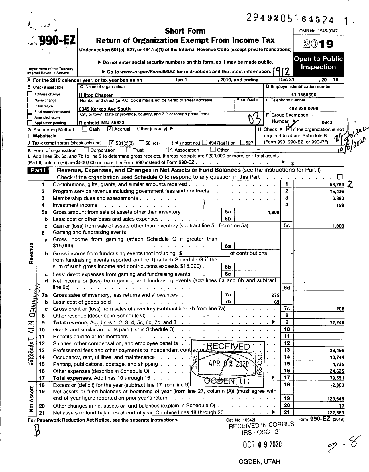 Image of first page of 2019 Form 990EZ for Barbershop Harmony Society - H043 Hilltop Chapter