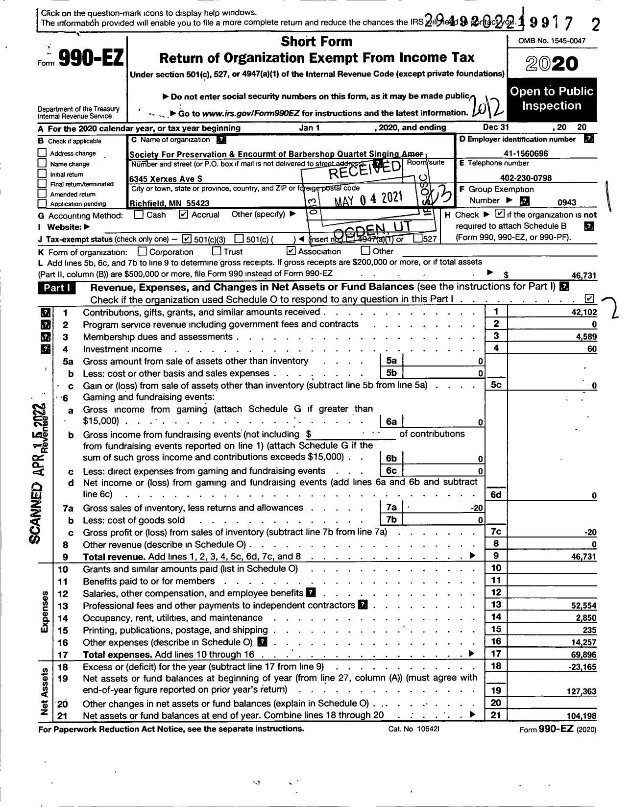 Image of first page of 2020 Form 990EZ for Barbershop Harmony Society - H043 Hilltop Chapter