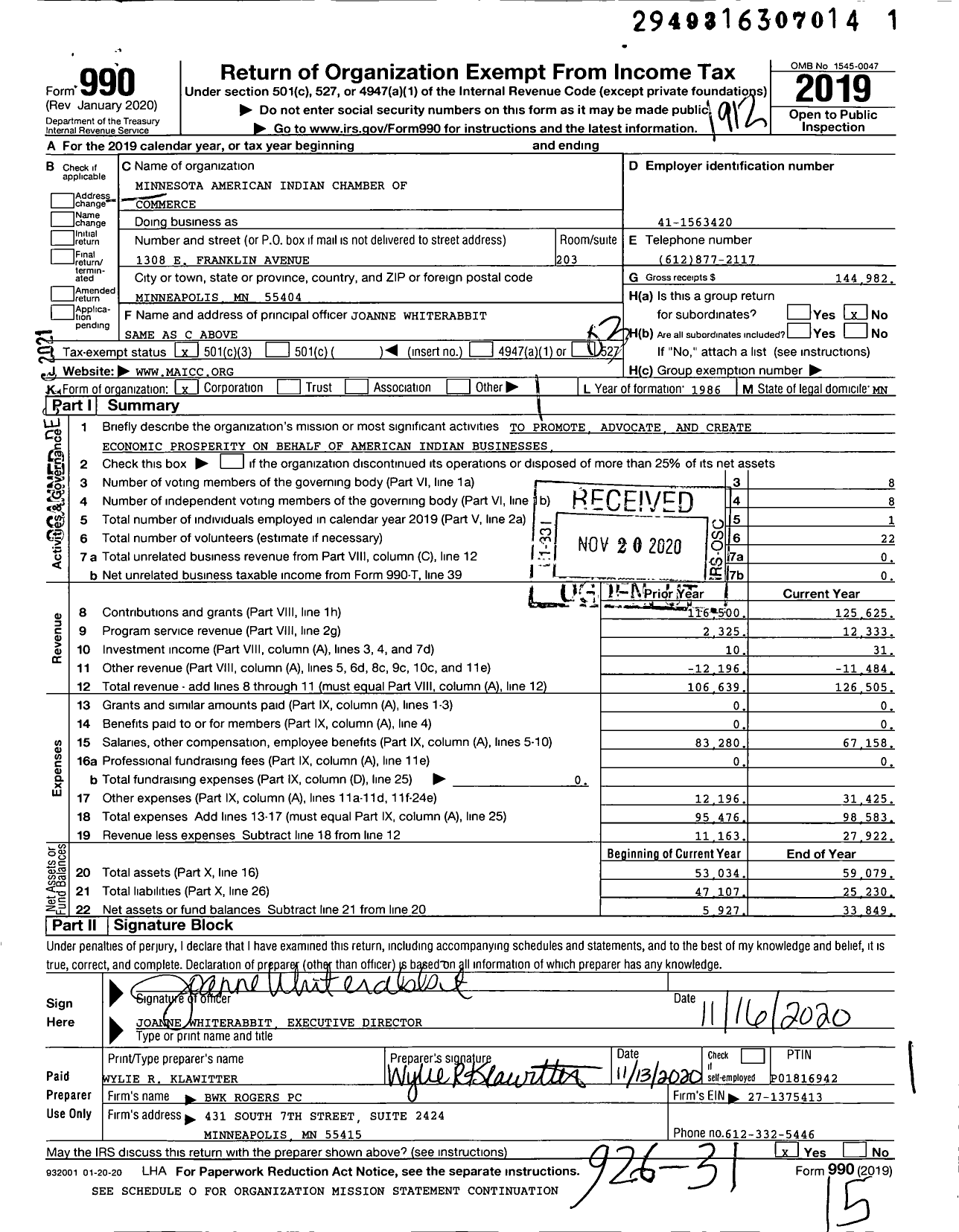 Image of first page of 2019 Form 990 for Minnesota American Indian Chamber of Commerce