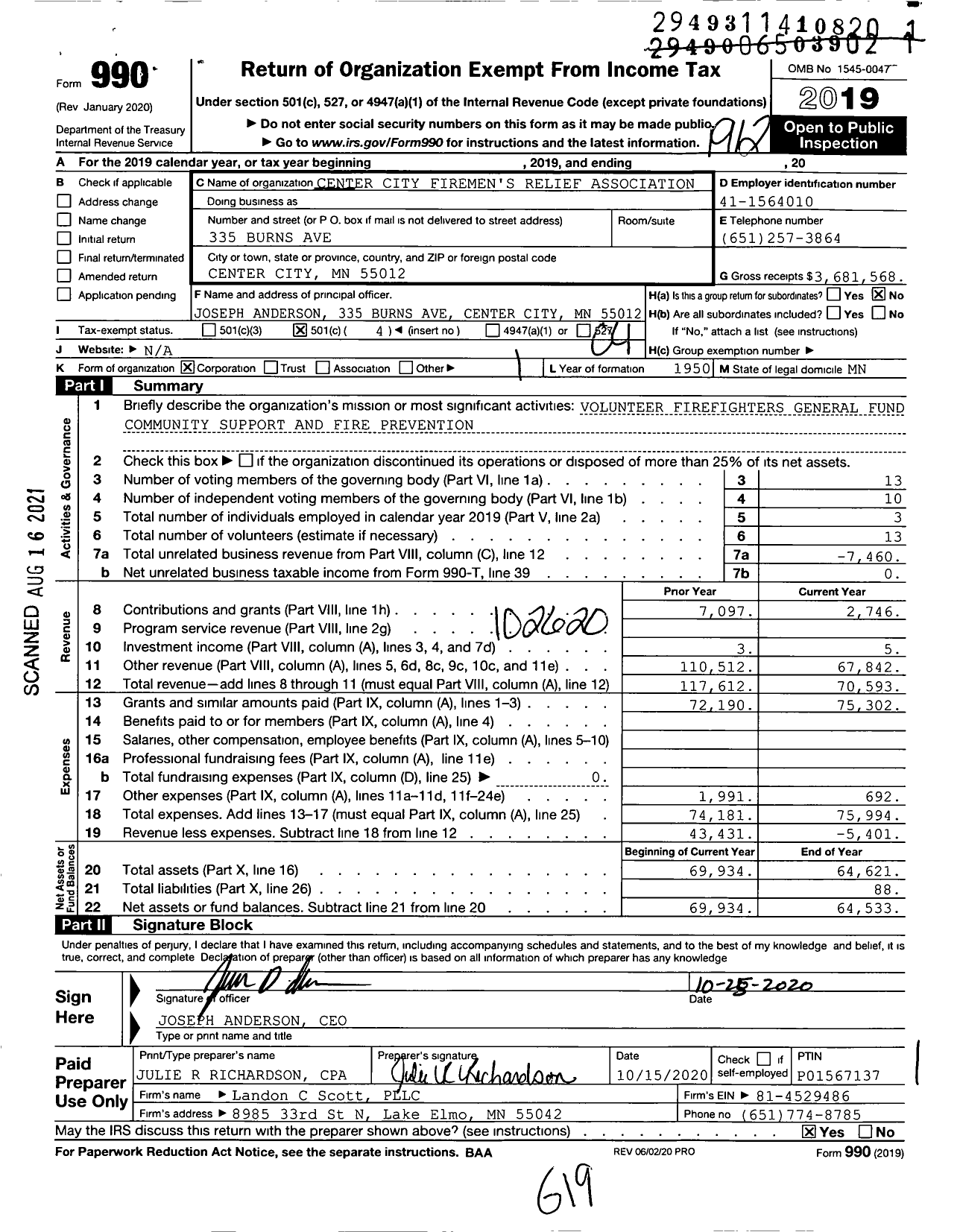 Image of first page of 2019 Form 990O for Center City Firemen's Relief Association