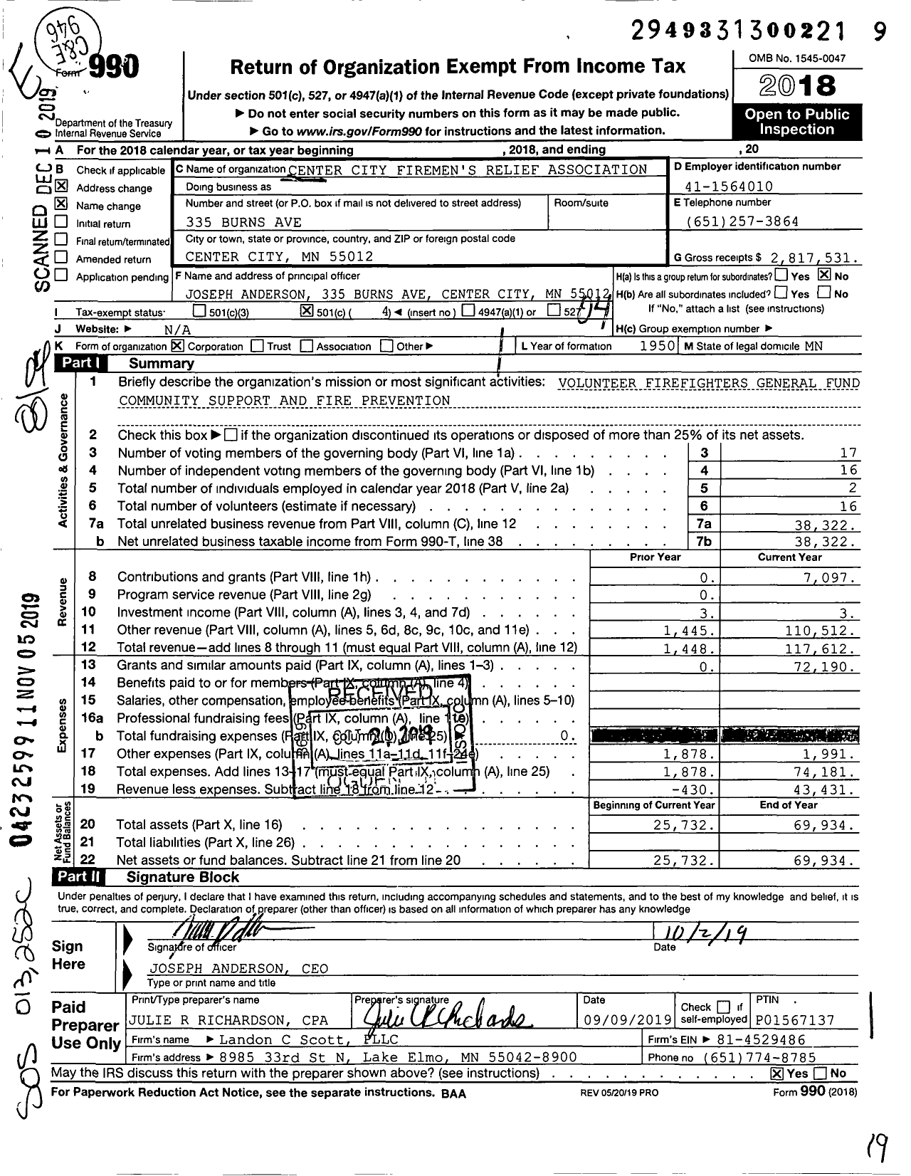 Image of first page of 2018 Form 990O for Center City Firemen's Relief Association