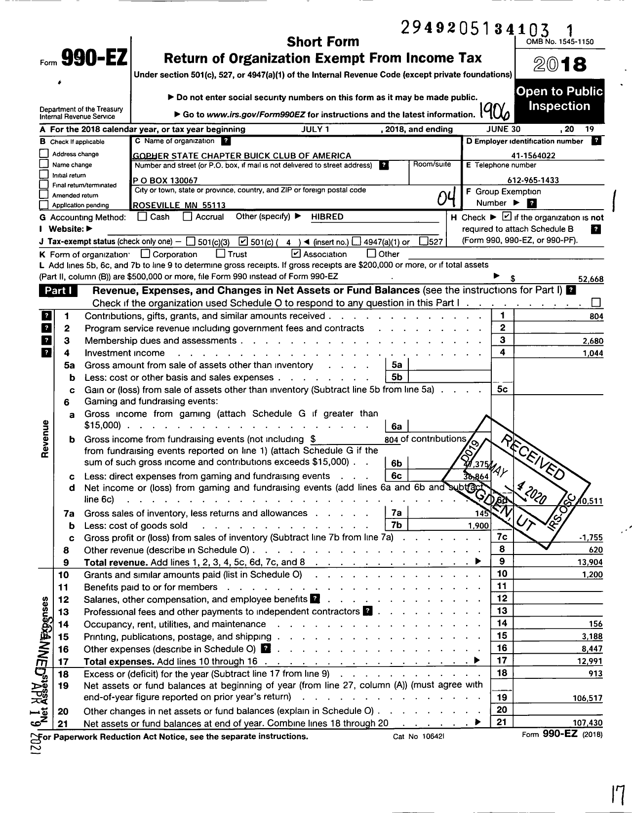 Image of first page of 2018 Form 990EO for Gopher State Chapter Buick Club of America