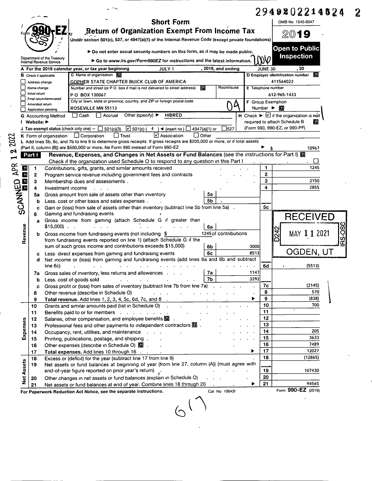 Image of first page of 2019 Form 990EO for Gopher State Chapter Buick Club of America