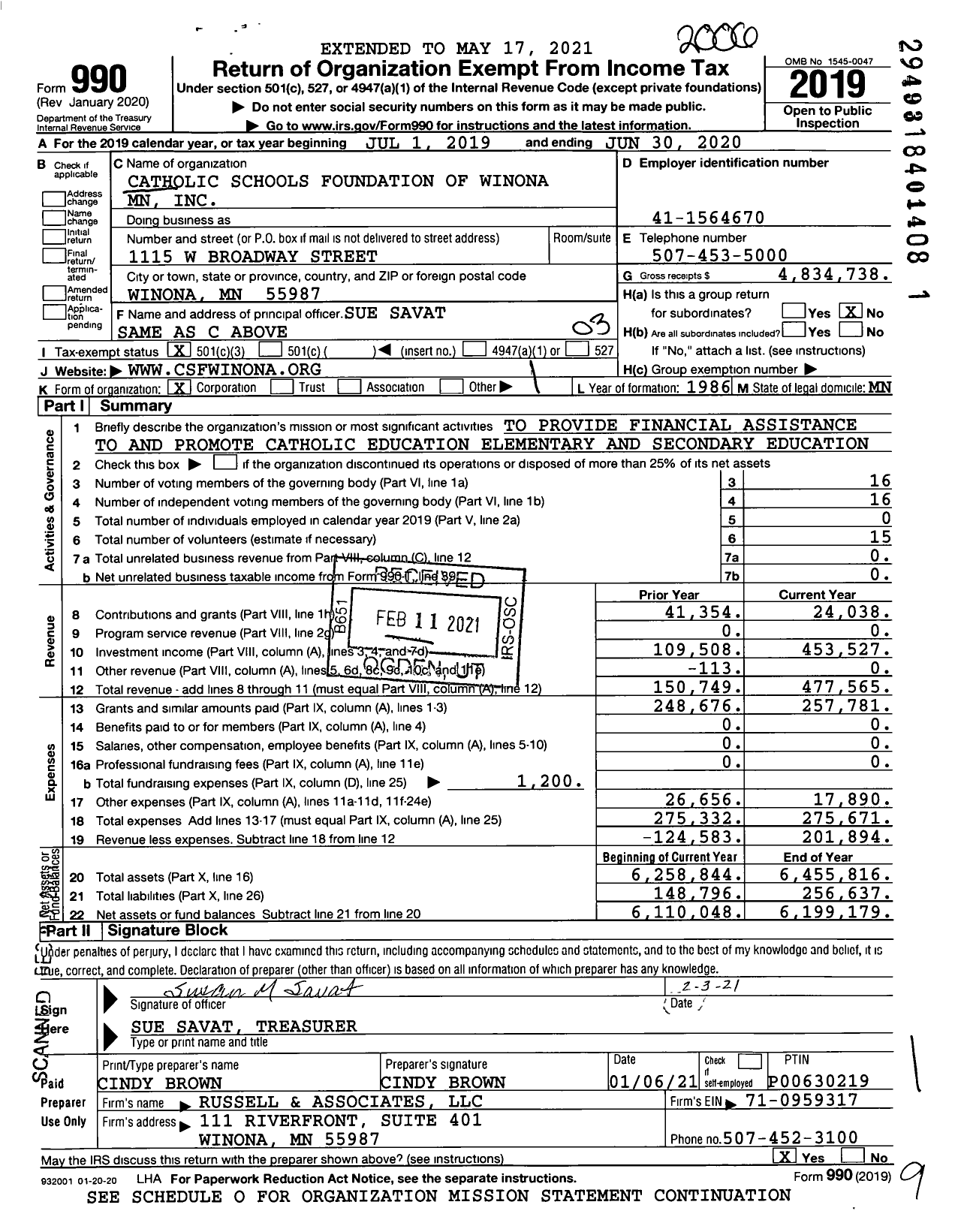 Image of first page of 2019 Form 990 for Catholic Schools Foundation of Winona MN
