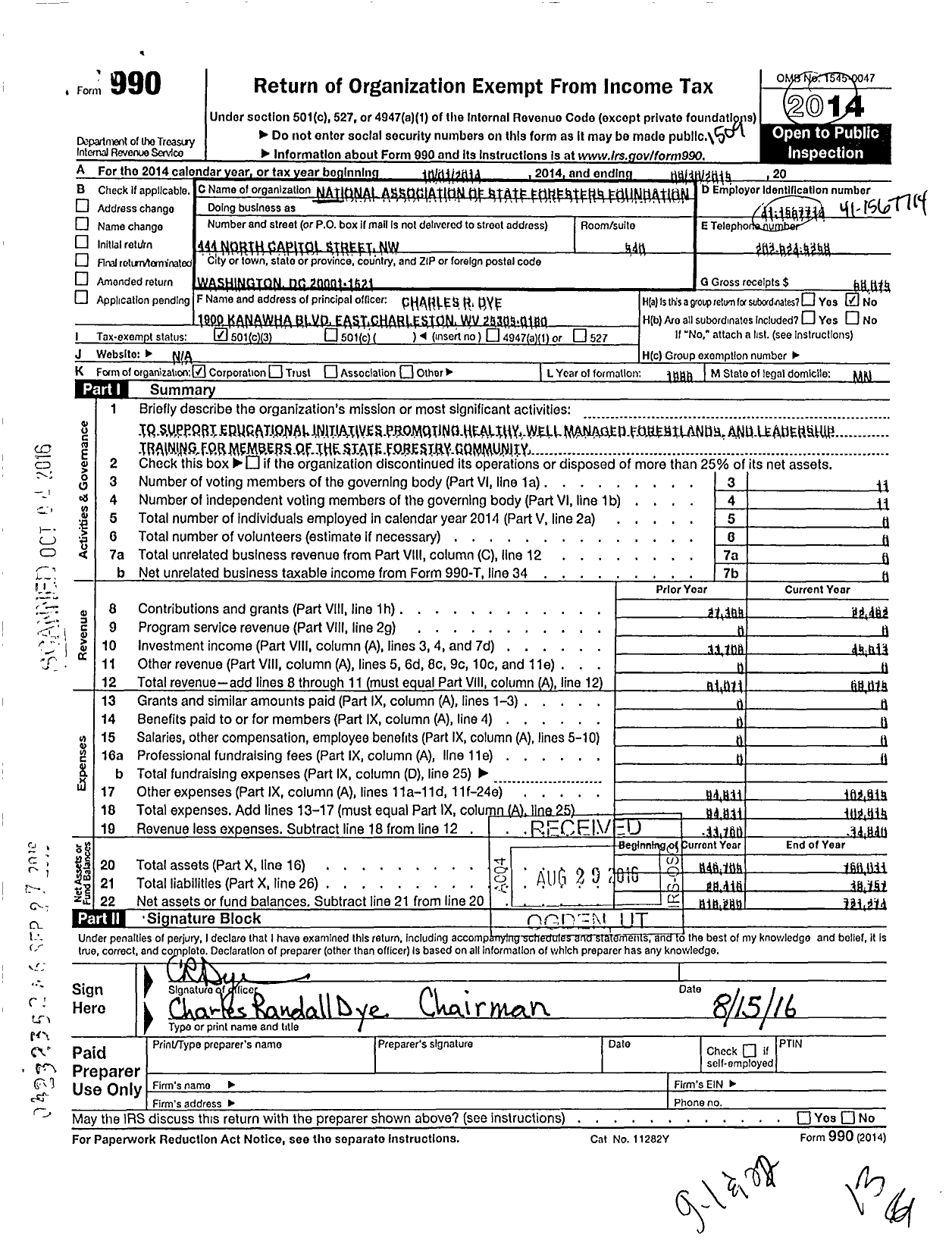 Image of first page of 2014 Form 990 for National Association of State Foresters Foundation