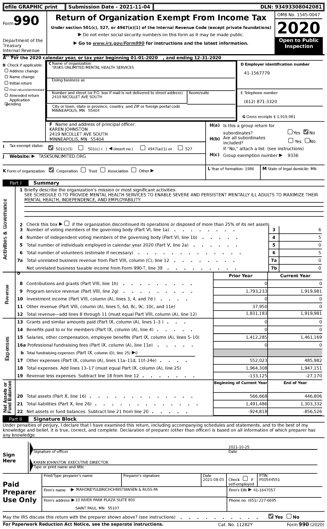 Image of first page of 2020 Form 990 for Tasks Unlimited Mental Health Services