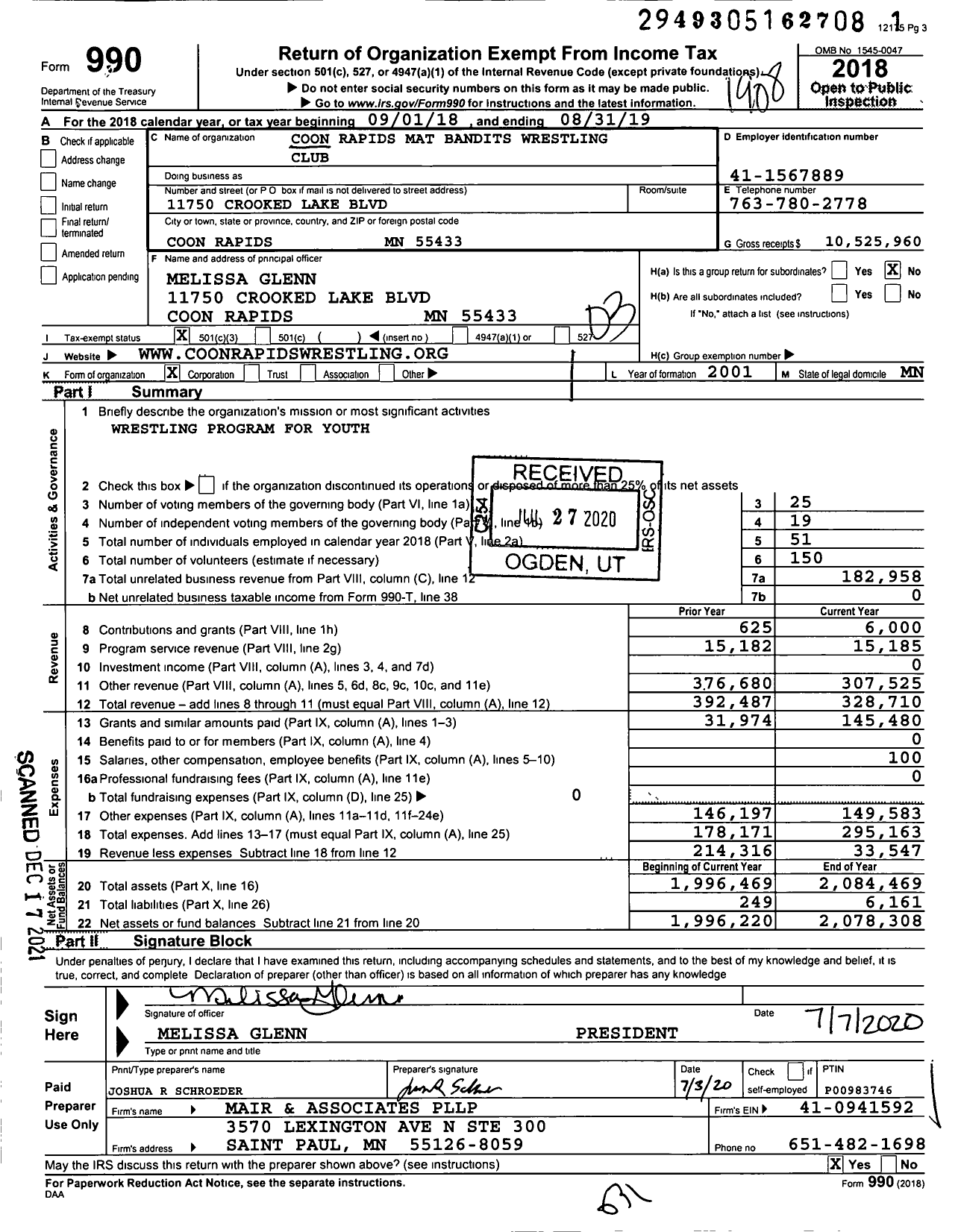 Image of first page of 2018 Form 990 for Coon Rapids Mat Bandits Wrestling Club