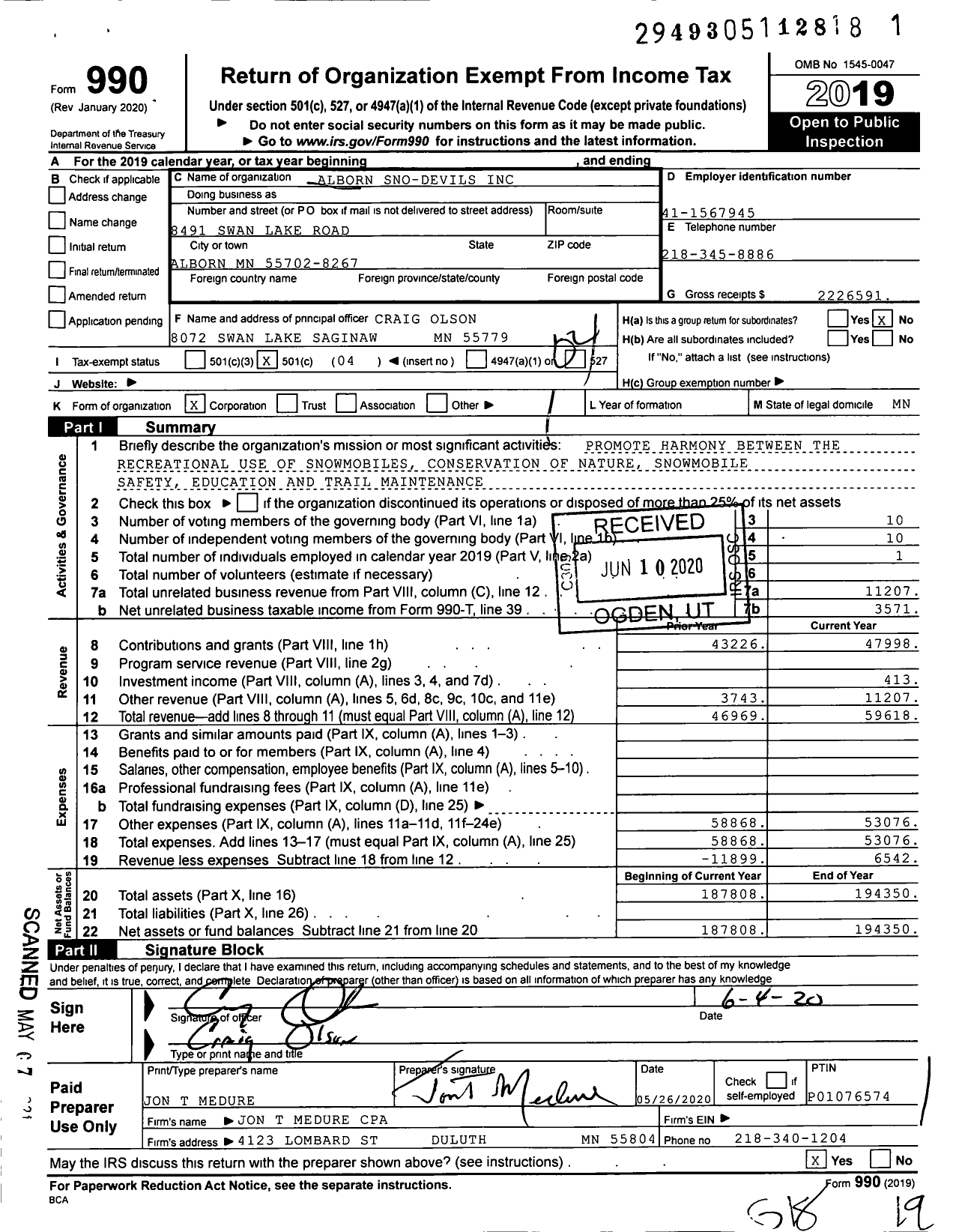 Image of first page of 2019 Form 990O for Alborn Sno-Devils