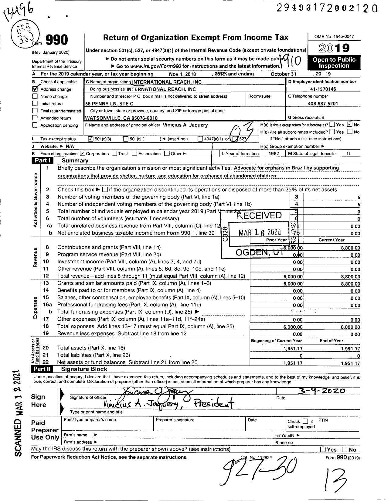 Image of first page of 2018 Form 990 for International Reach