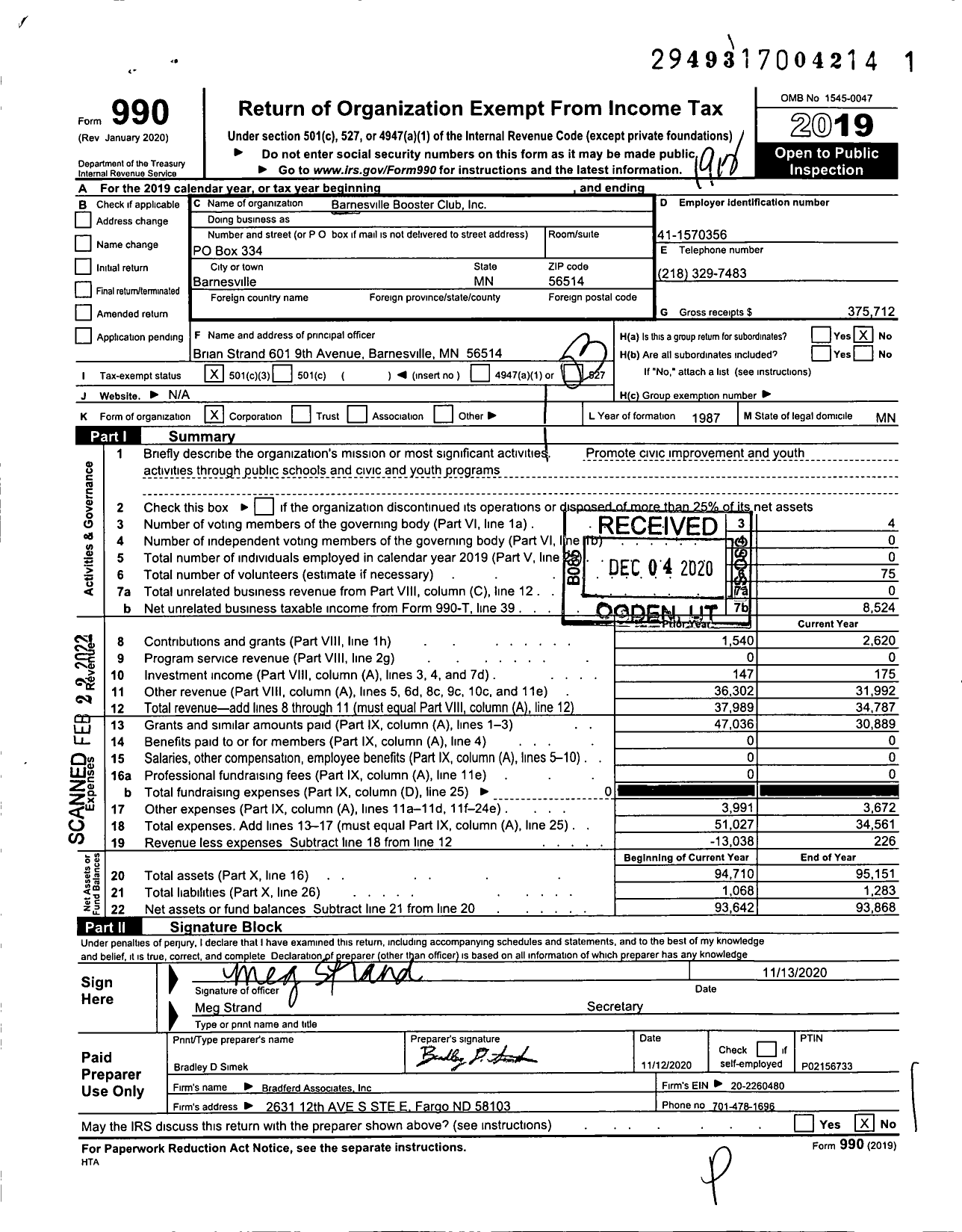 Image of first page of 2019 Form 990 for Barnesville Booster Club