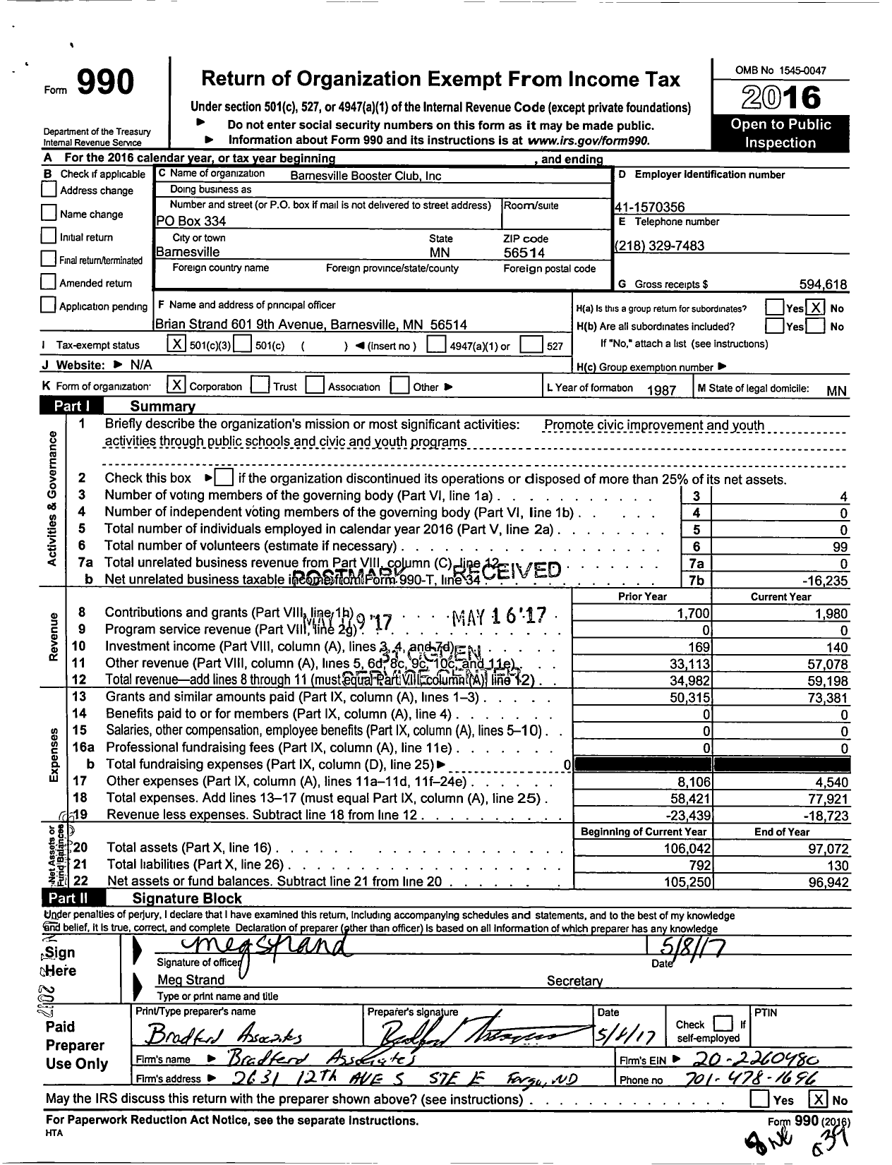 Image of first page of 2016 Form 990 for Barnesville Booster Club