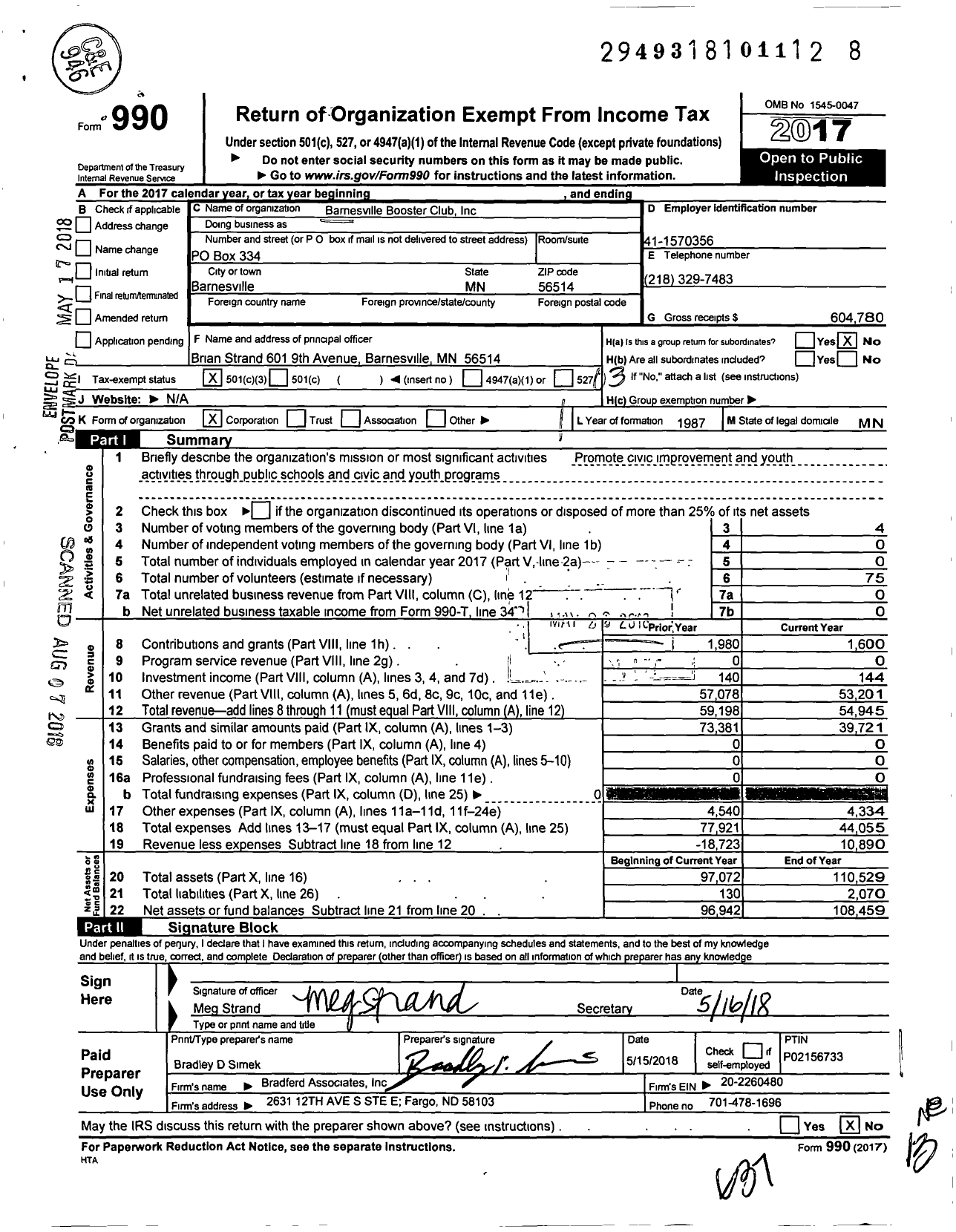 Image of first page of 2017 Form 990 for Barnesville Booster Club