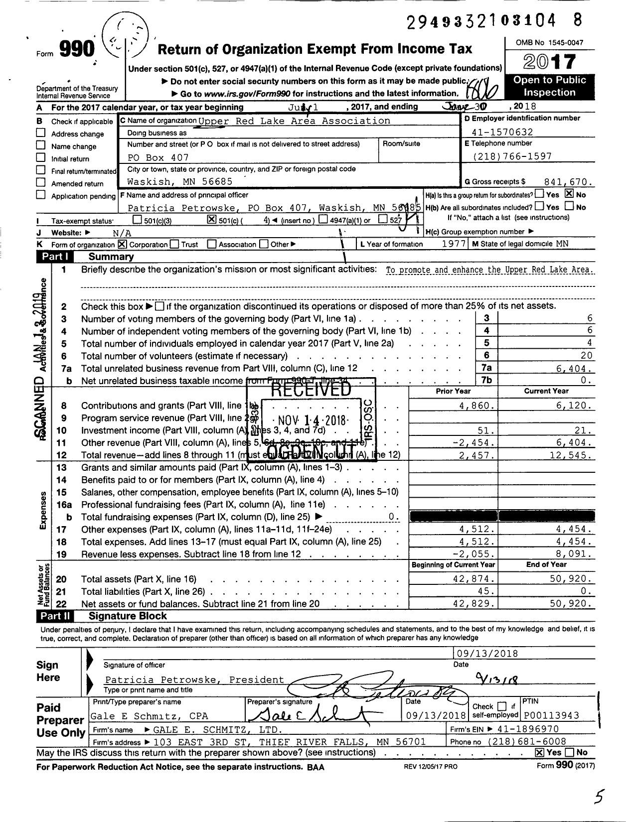 Image of first page of 2017 Form 990O for Upper Red Lake Area Association