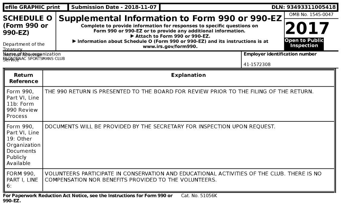 Image of first page of 2017 Form 990 for Frontenac Sportsmans Club