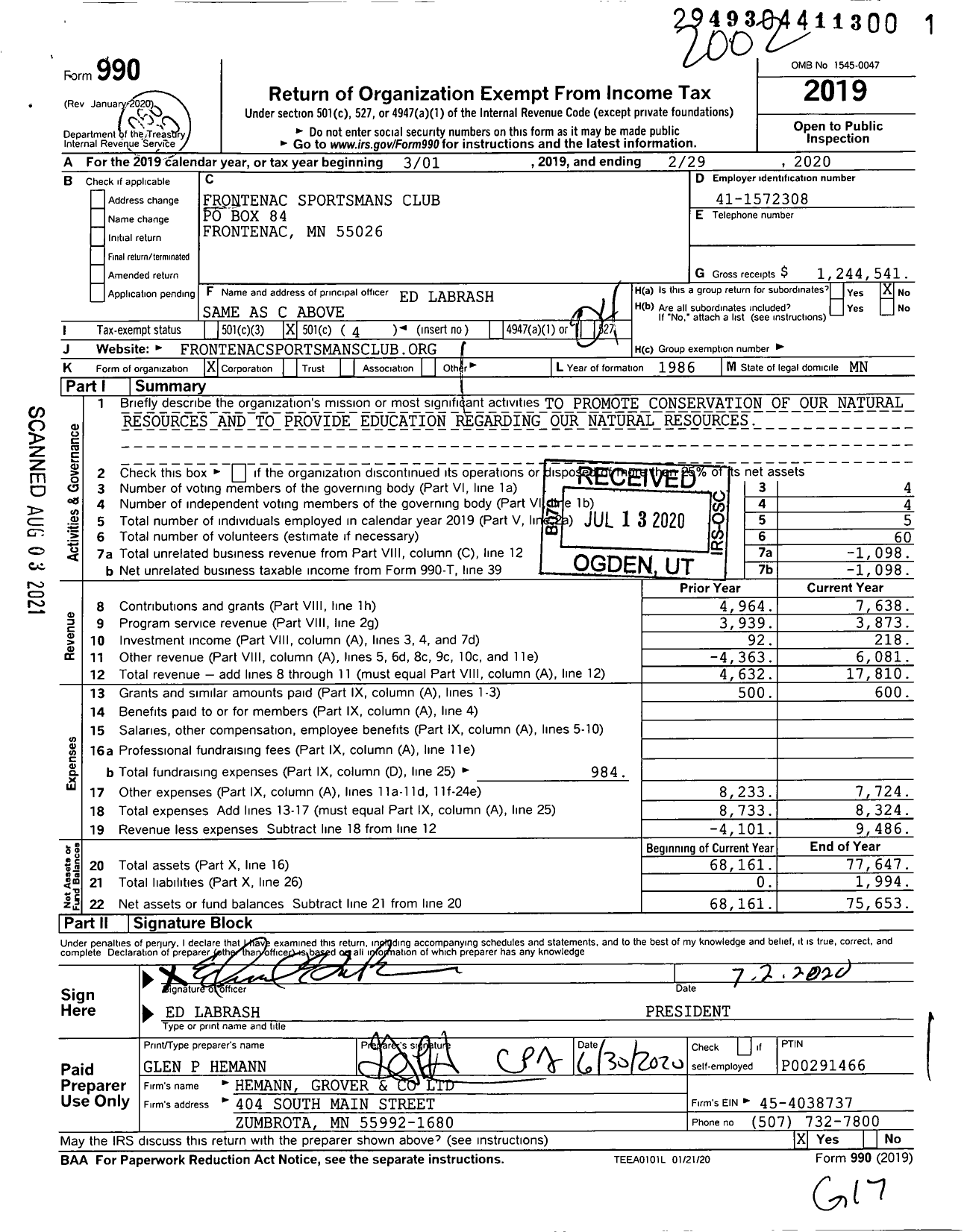 Image of first page of 2019 Form 990O for Frontenac Sportsmans Club