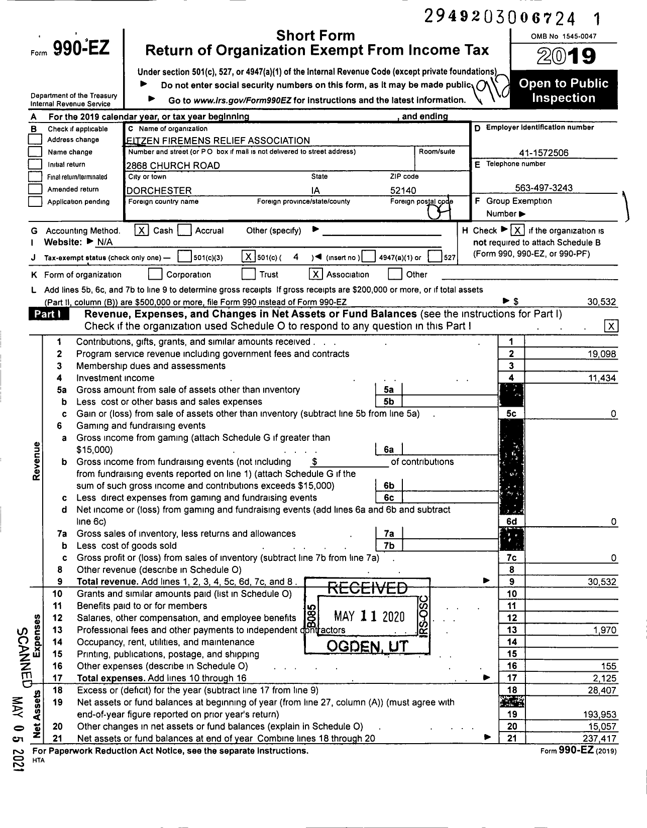 Image of first page of 2019 Form 990EO for Eitzen Firemens Relief Association