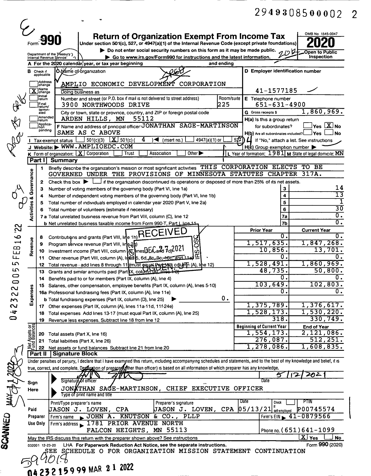 Image of first page of 2020 Form 990O for Amplio Economic Development Corporation