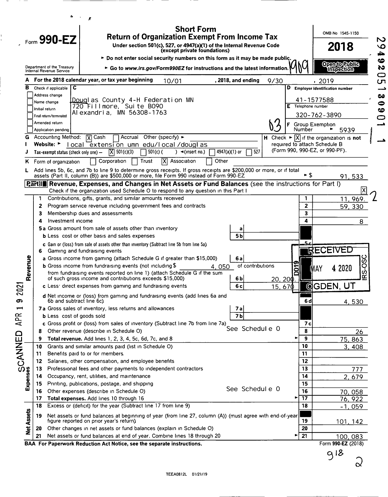 Image of first page of 2018 Form 990EZ for Douglas County 4-H Federation MN