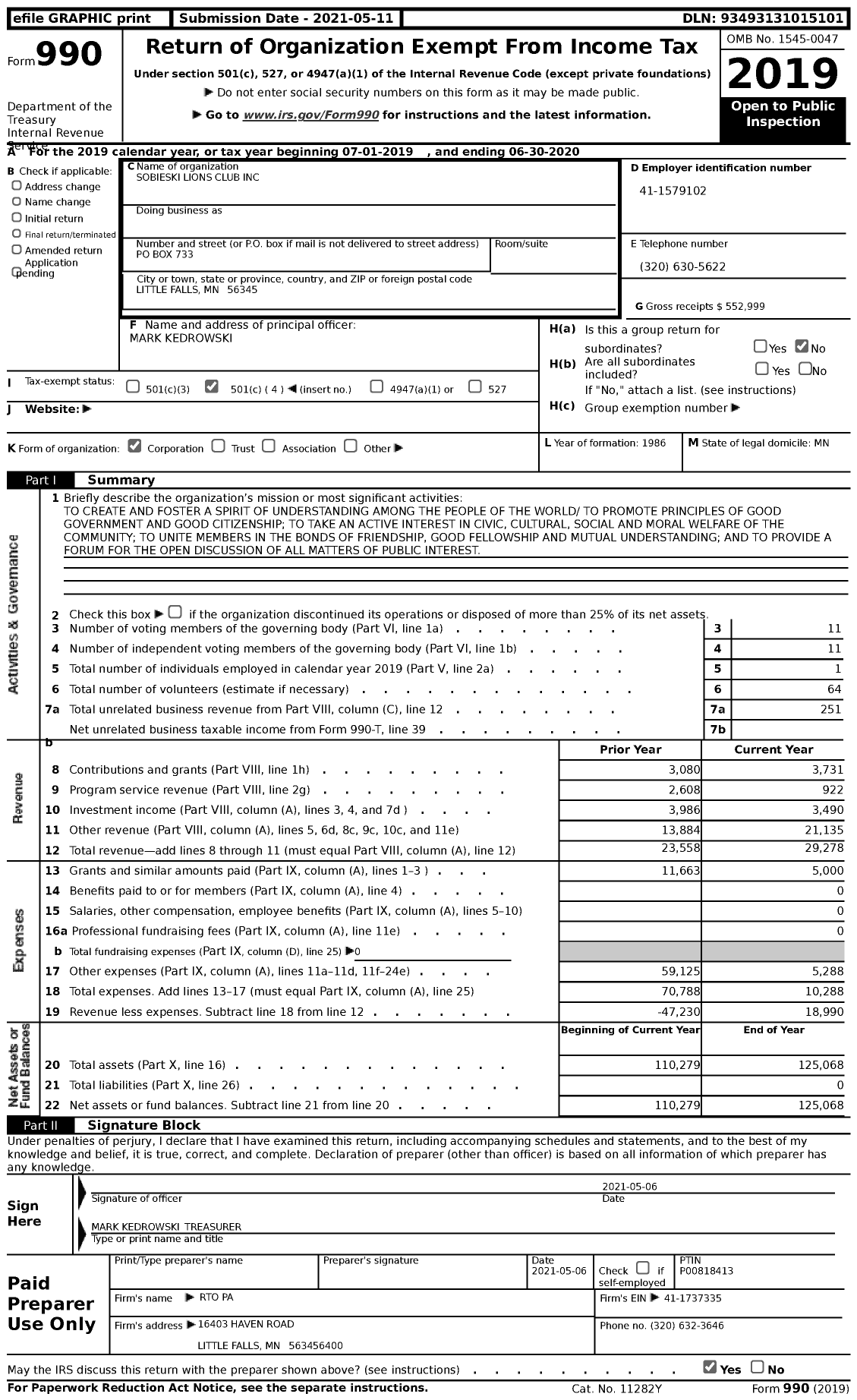 Image of first page of 2019 Form 990 for Lions Clubs - 46611 Sobieski