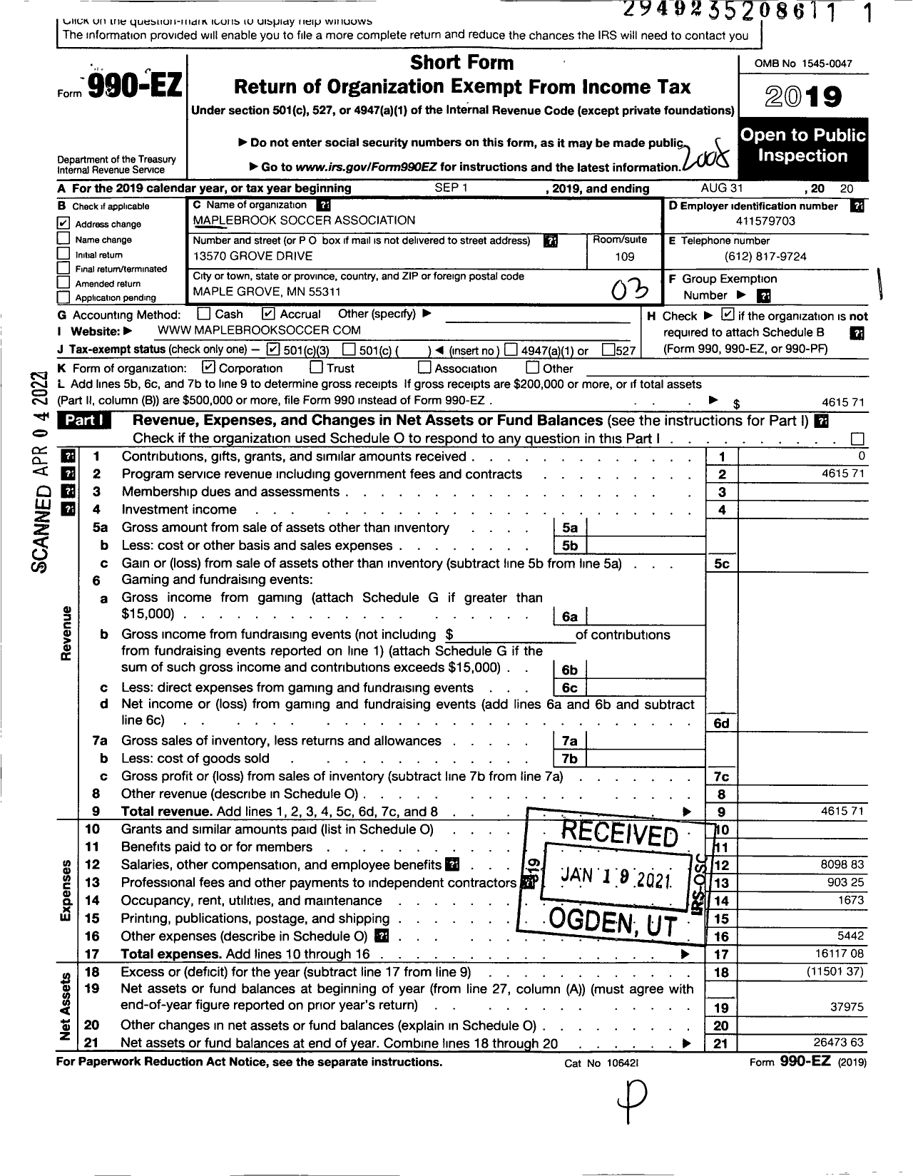 Image of first page of 2019 Form 990EZ for Maplebrook Soccer Club