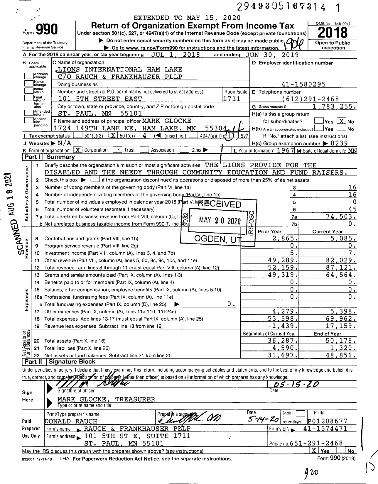 Image of first page of 2018 Form 990O for Lions Clubs - 2799 Ham Lake LC