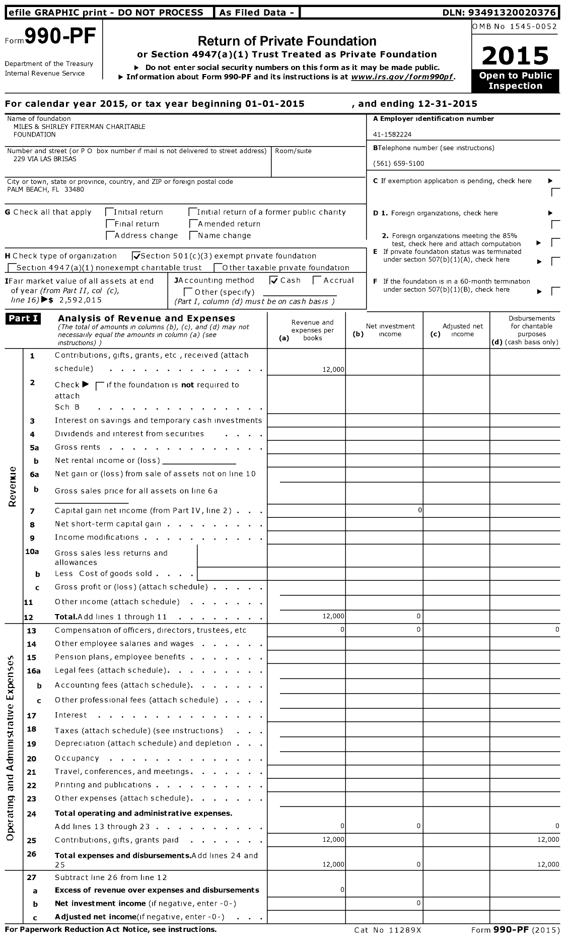 Image of first page of 2015 Form 990PF for Miles and Shirley Fiterman Charitable Foundation