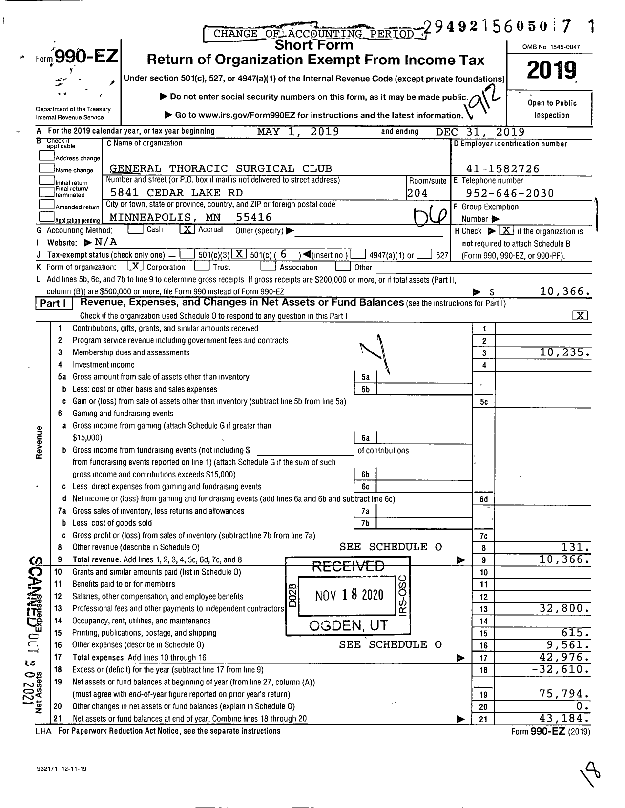 Image of first page of 2019 Form 990EO for General Thoracic Surgical Club