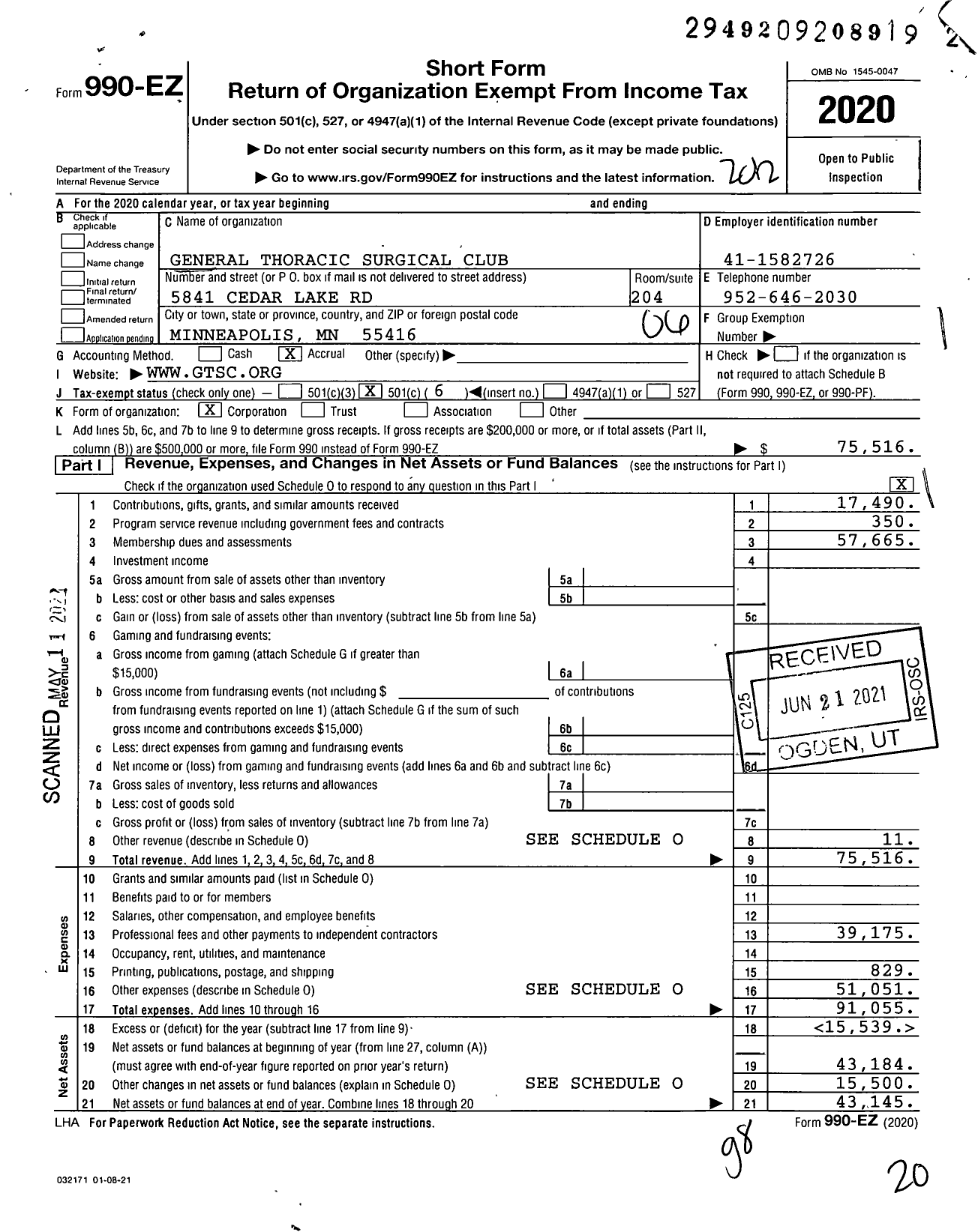 Image of first page of 2020 Form 990EO for General Thoracic Surgical Club