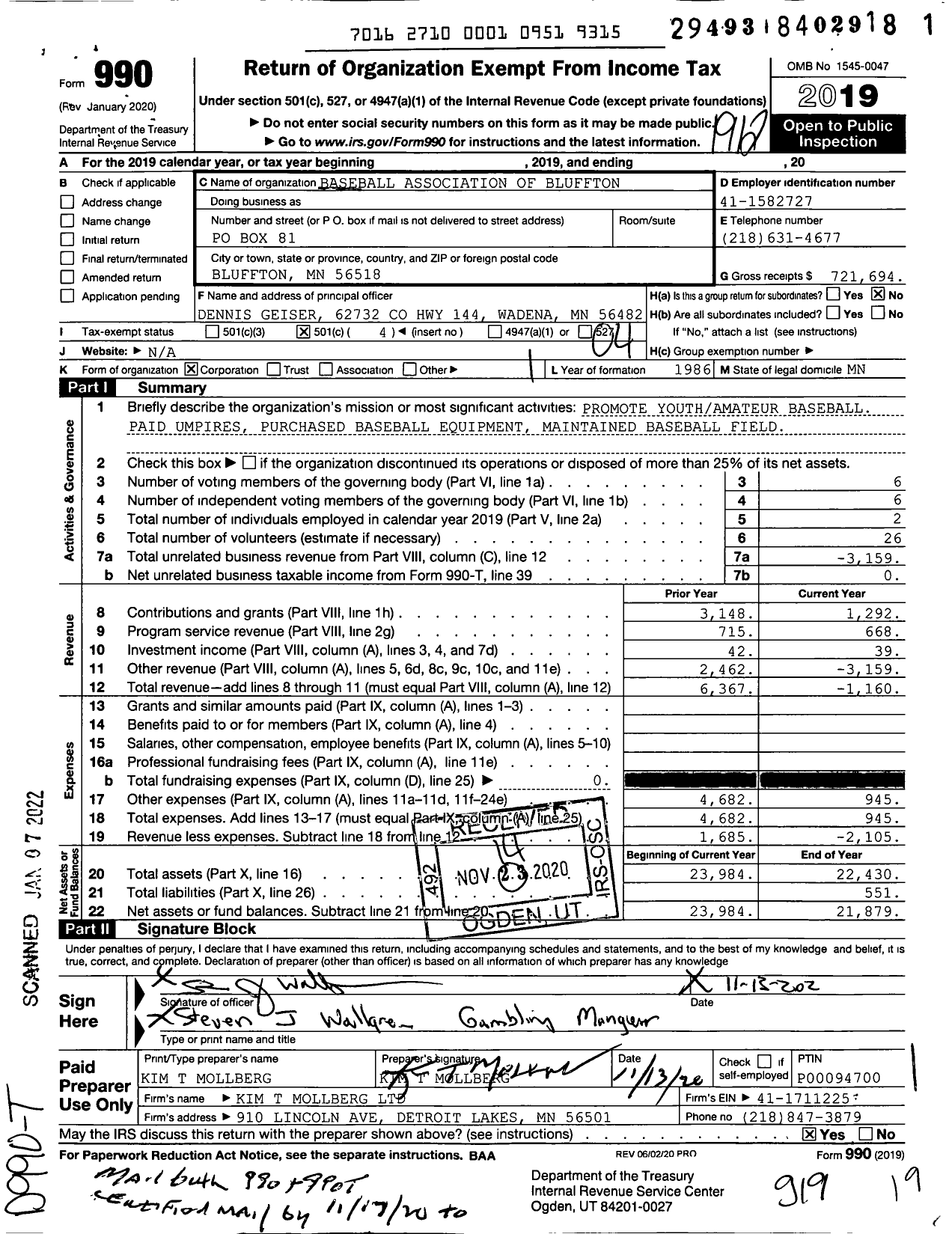 Image of first page of 2019 Form 990O for Bluffton Baseball Association