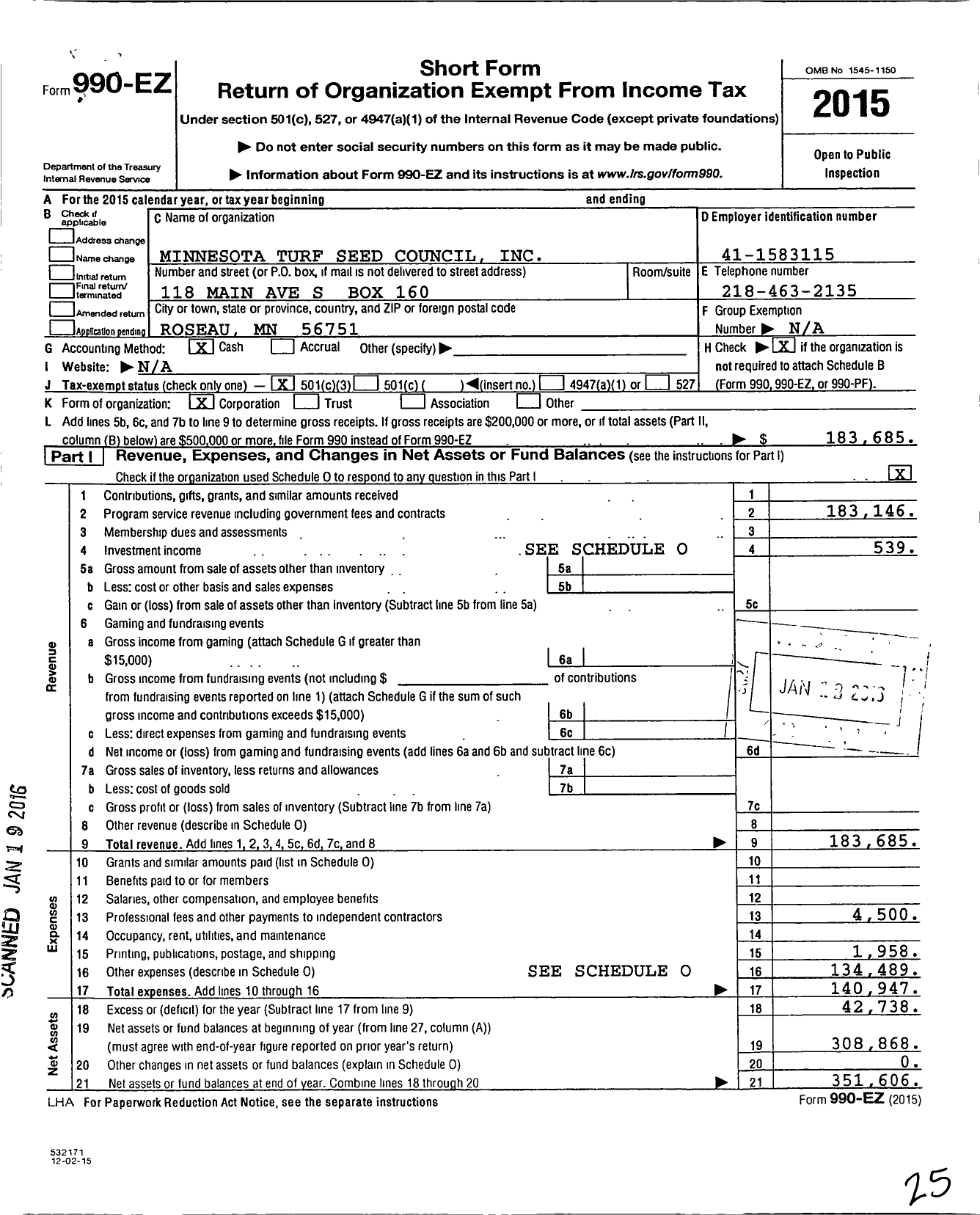 Image of first page of 2015 Form 990EZ for Minnesota Turf Seed Council